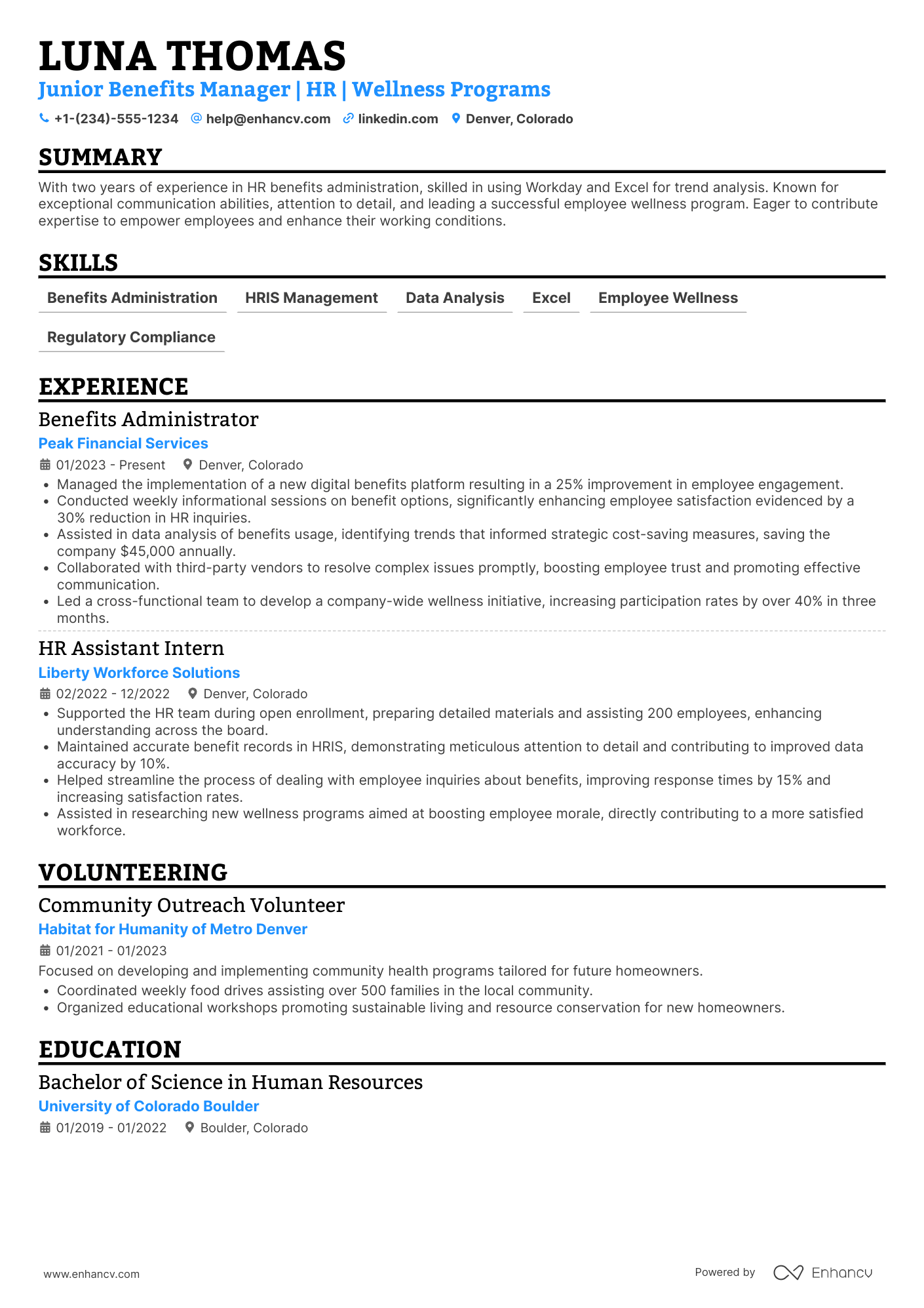 Junior Benefits Manager Resume Example