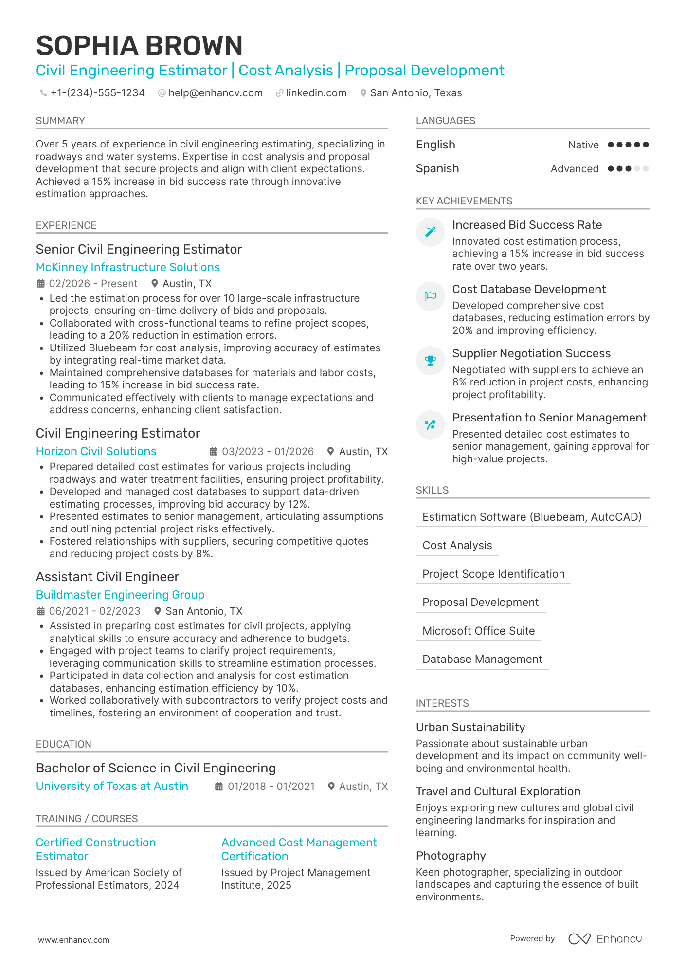 Civil Engineering Estimator Resume Example
