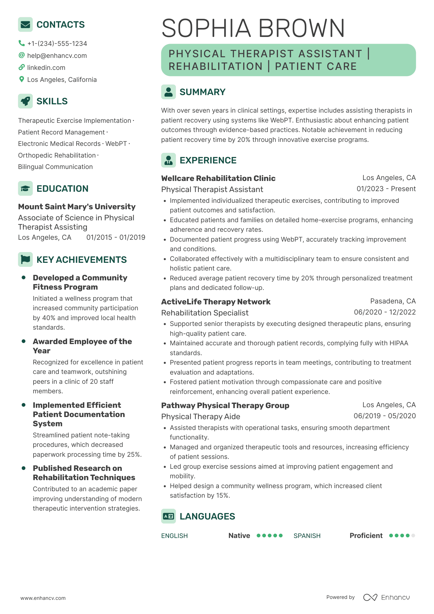 Physical Therapist Assistant Resume Example