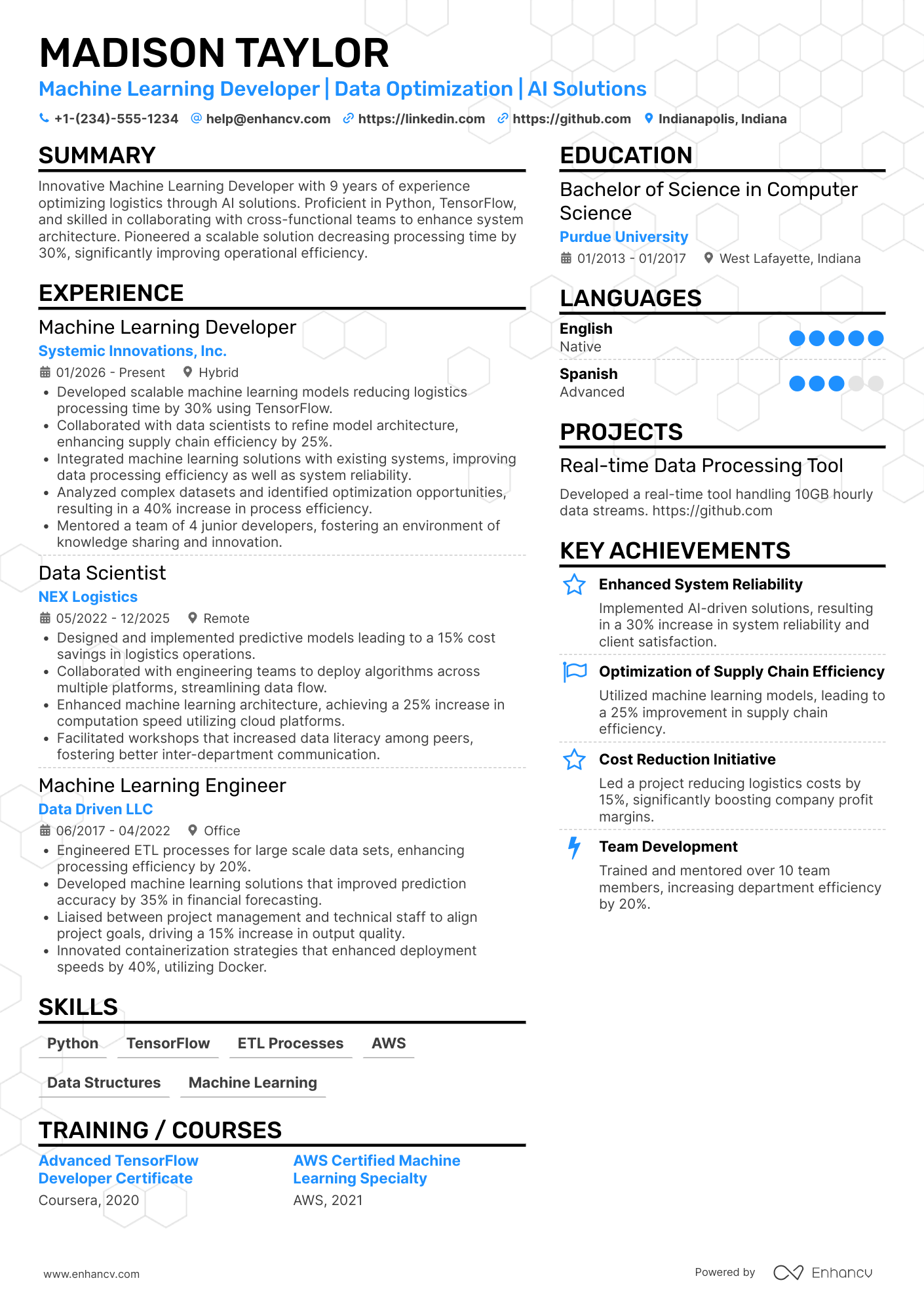 Machine Learning Developer Resume Example