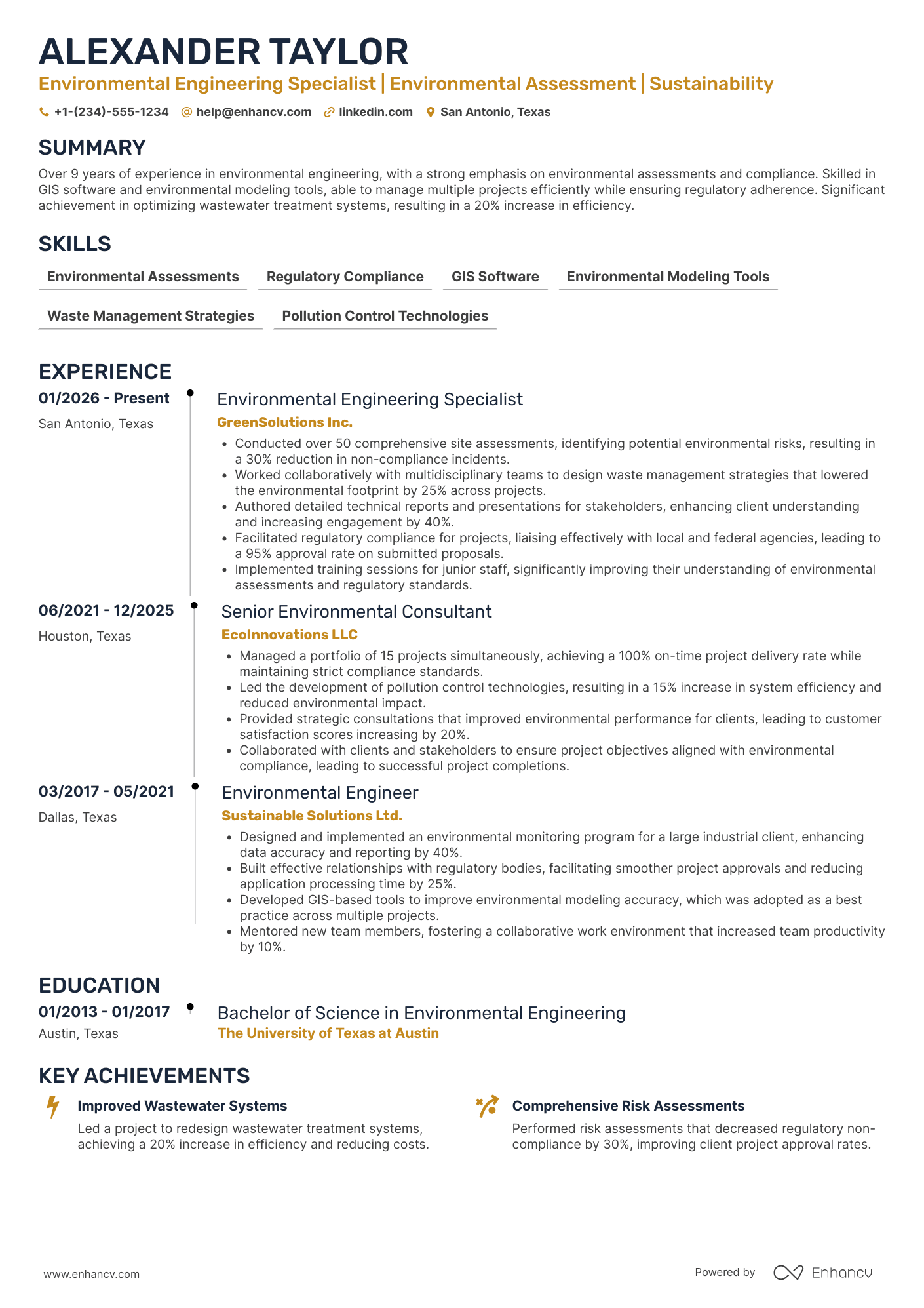 Environmental Engineering Specialist Resume Example