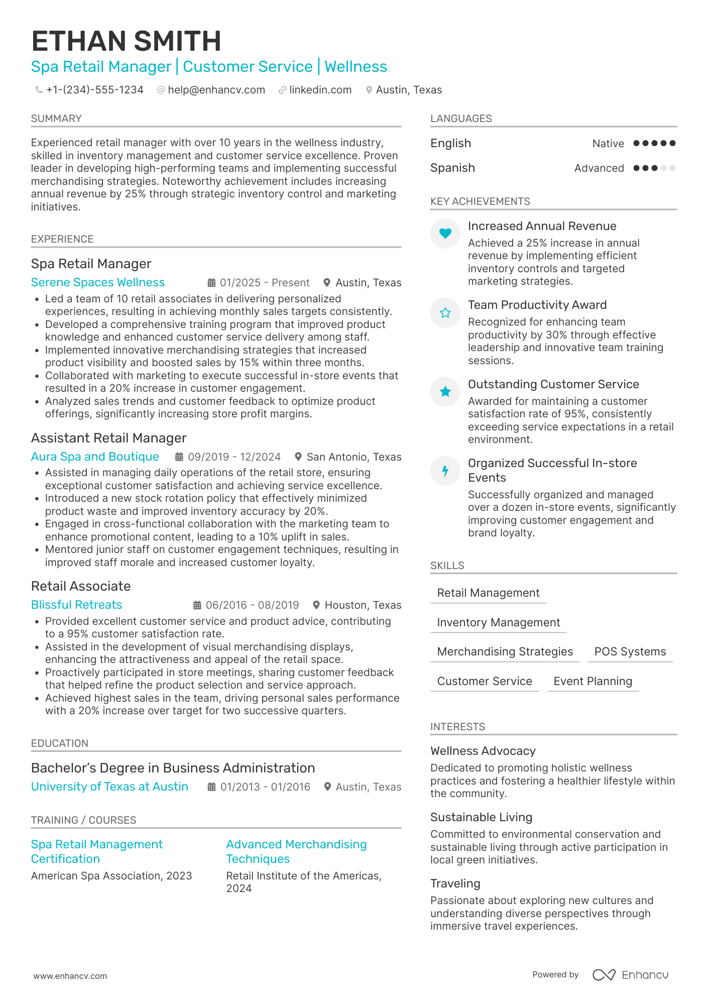 Spa Retail Manager Resume Example
