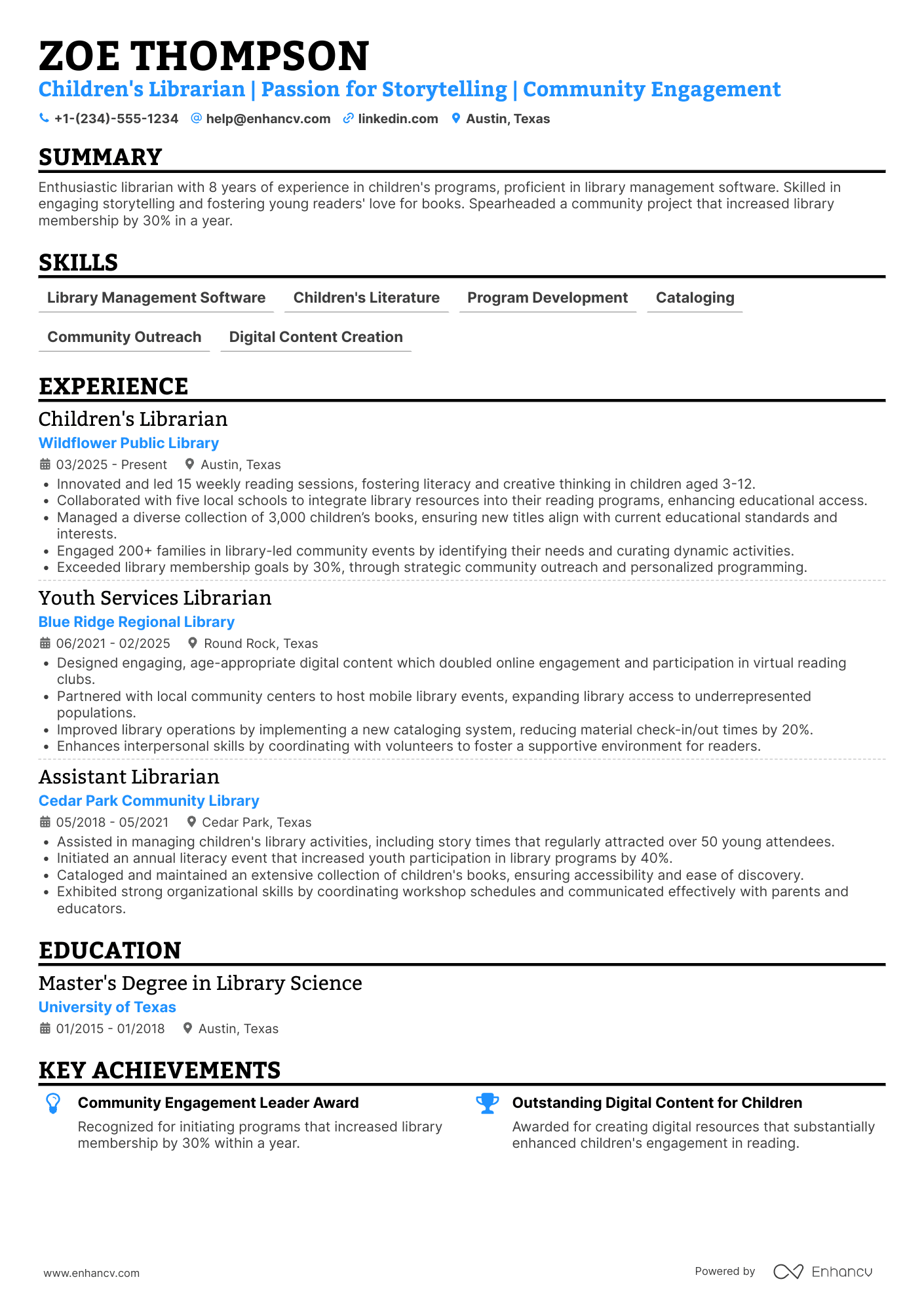 Children's Librarian Resume Example