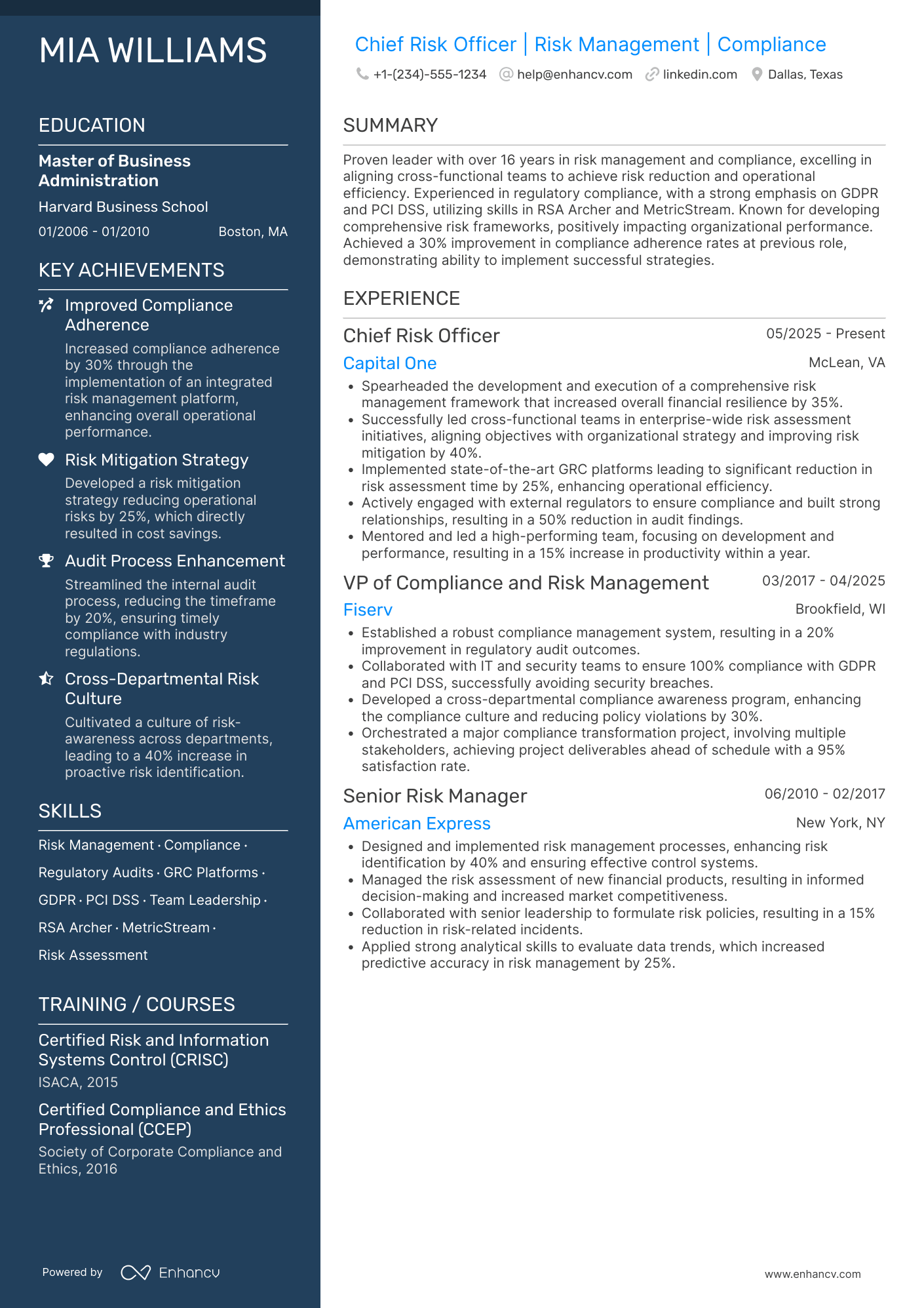 Chief Risk and Compliance Officer Resume Example