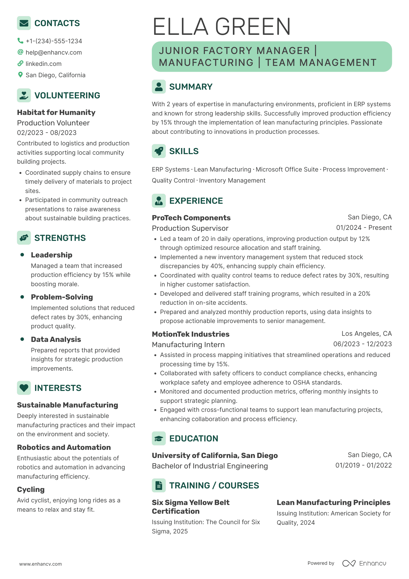 Junior Factory Manager Resume Example