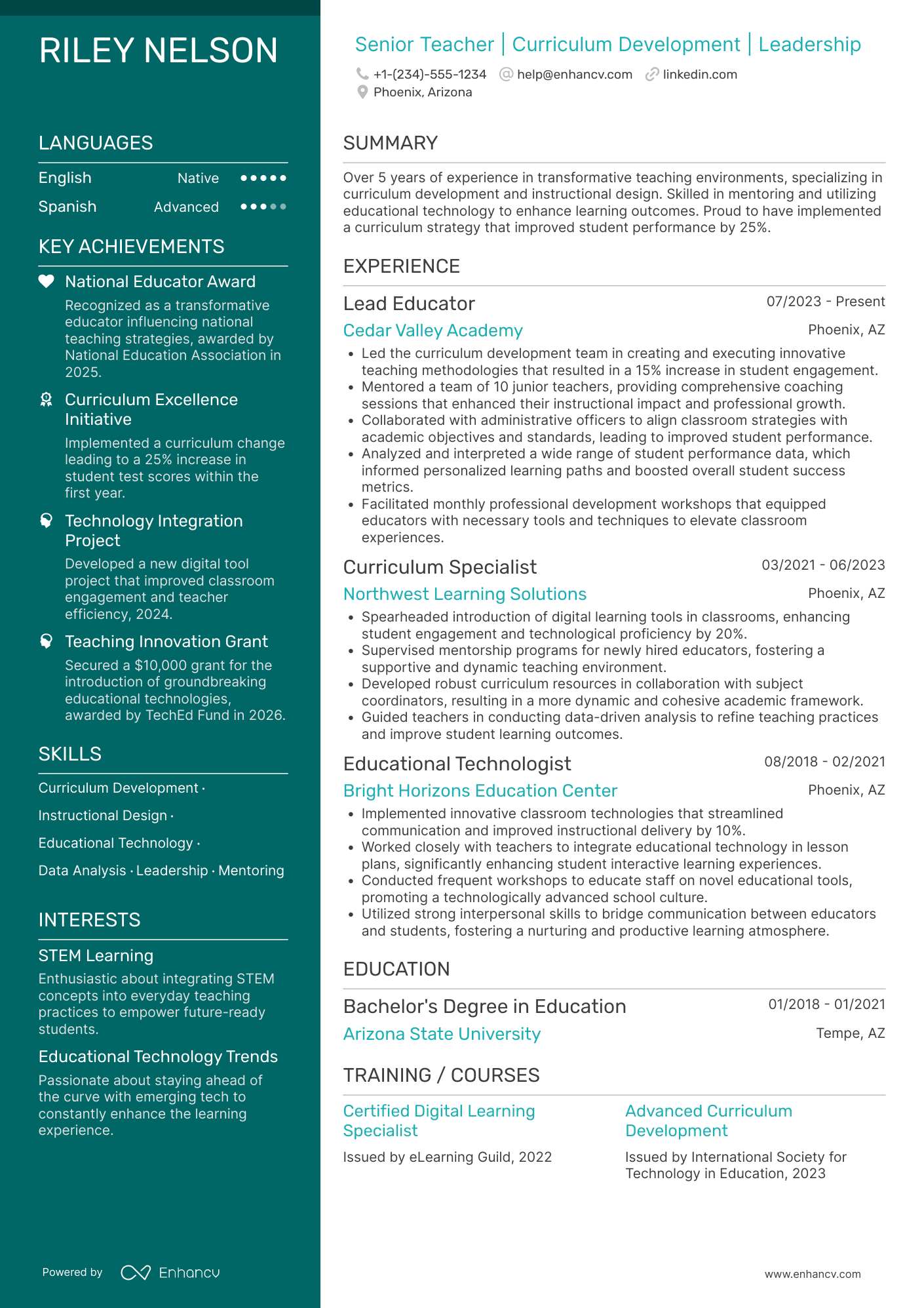 Senior Teacher Resume Example