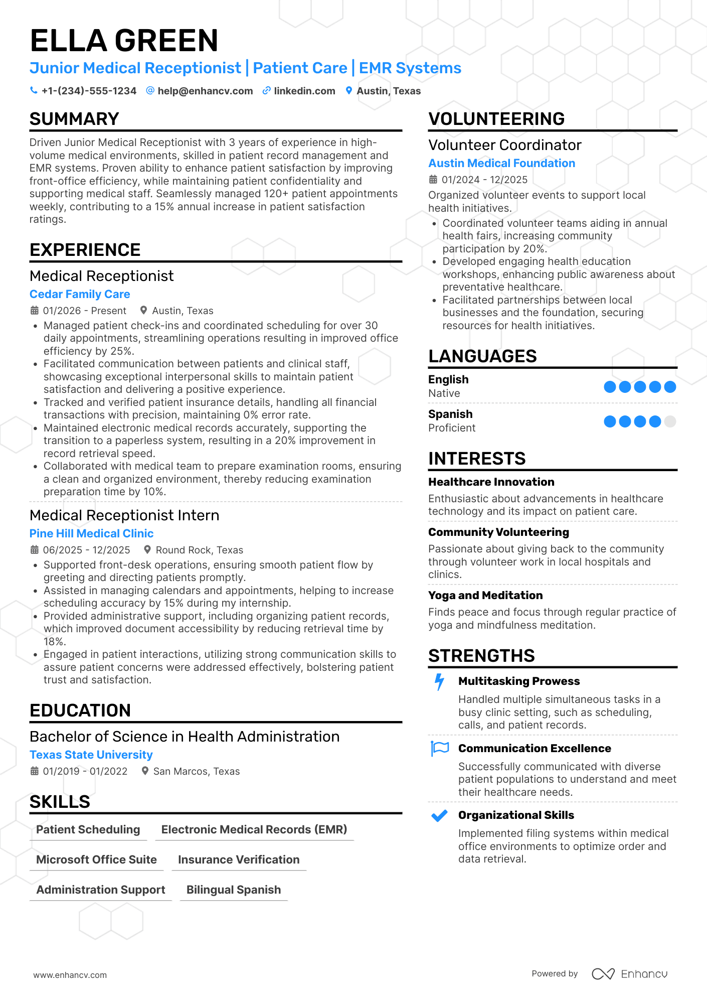 Junior Medical Receptionist Resume Example