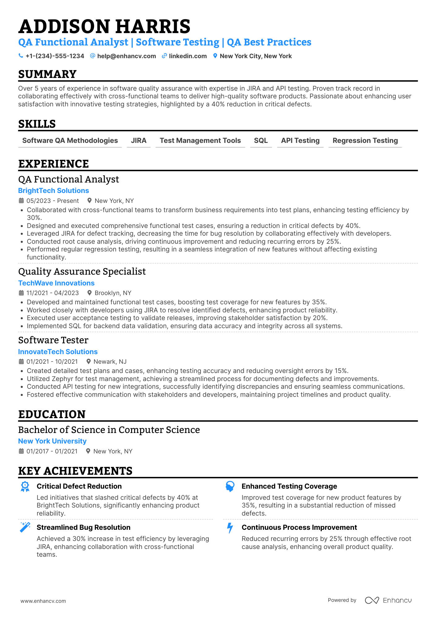 QA Functional Analyst Resume Example