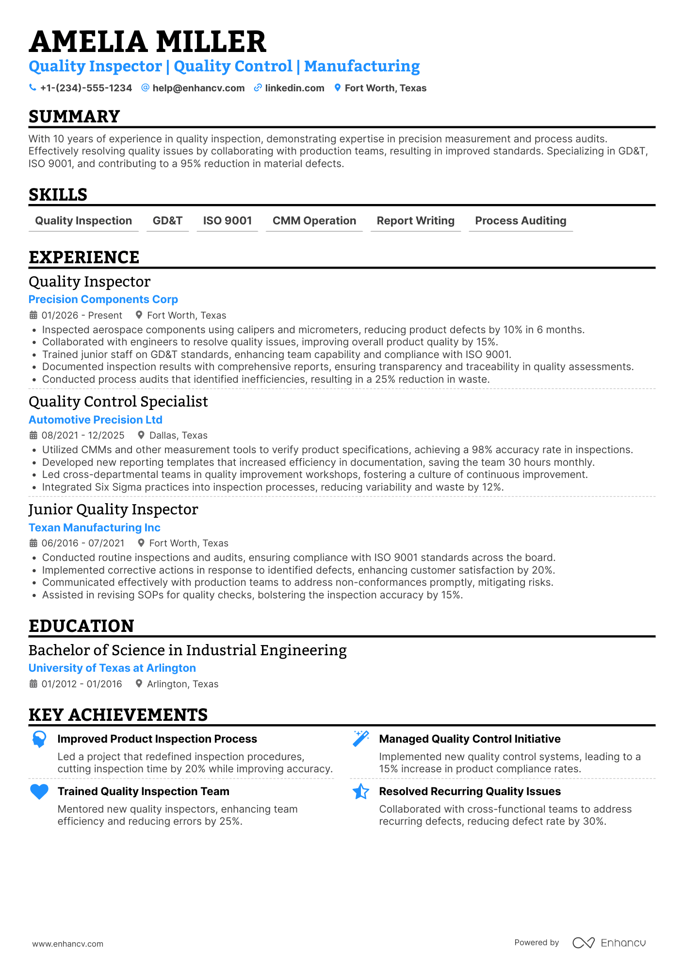 Quality Inspector Resume Example