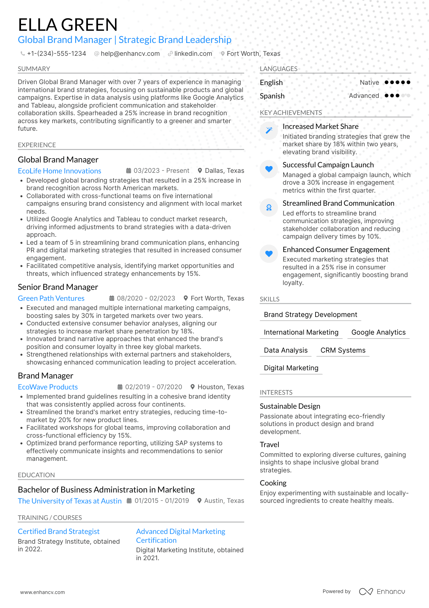 Global Brand Manager Resume Example