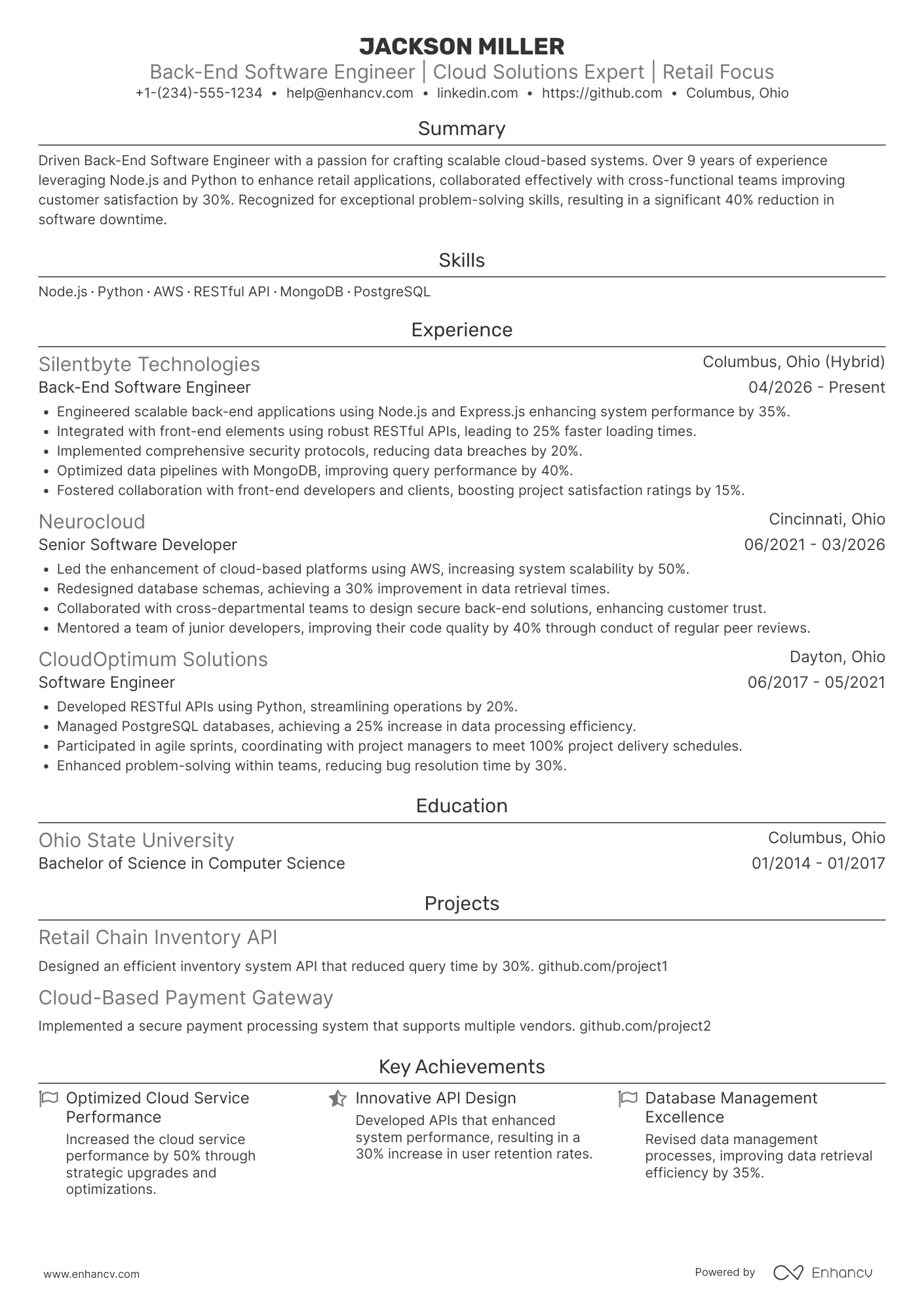Back End Software Engineer Resume Example