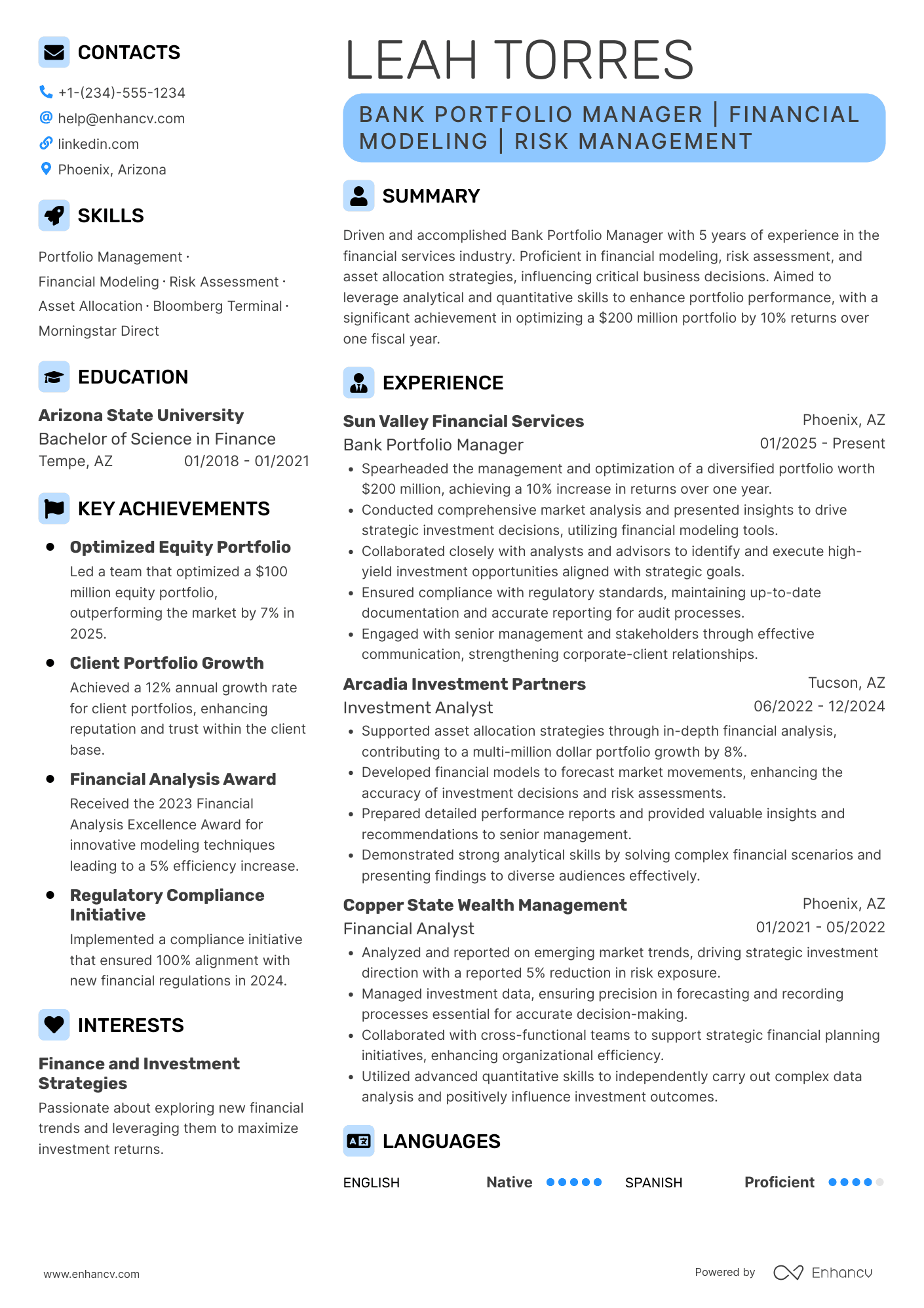 Bank Portfolio Manager Resume Example