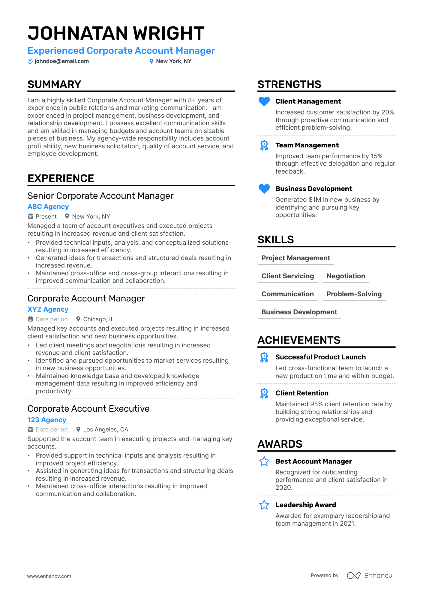 Corporate Account Manager Resume Example