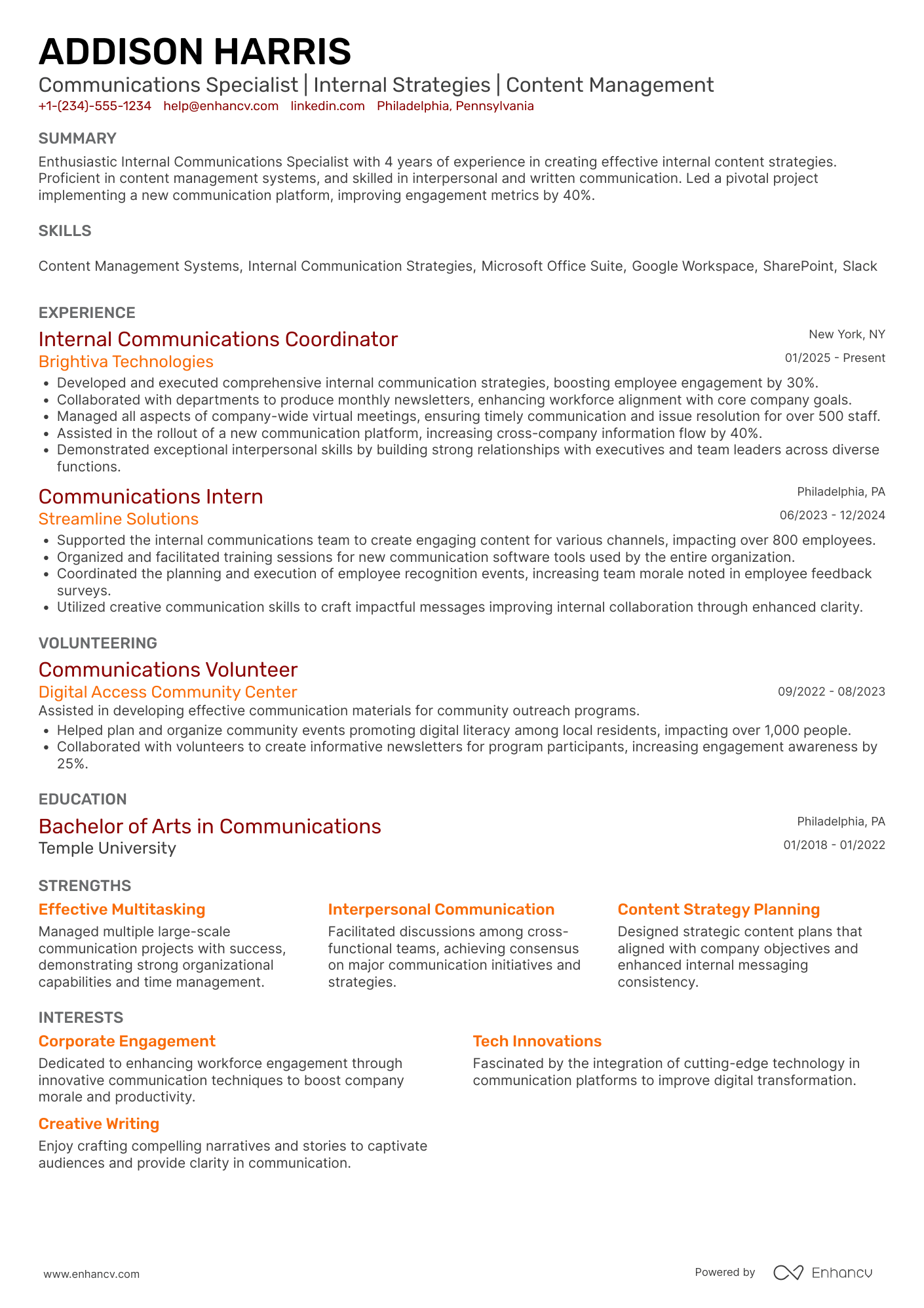 Internal Communications Associate Resume Example