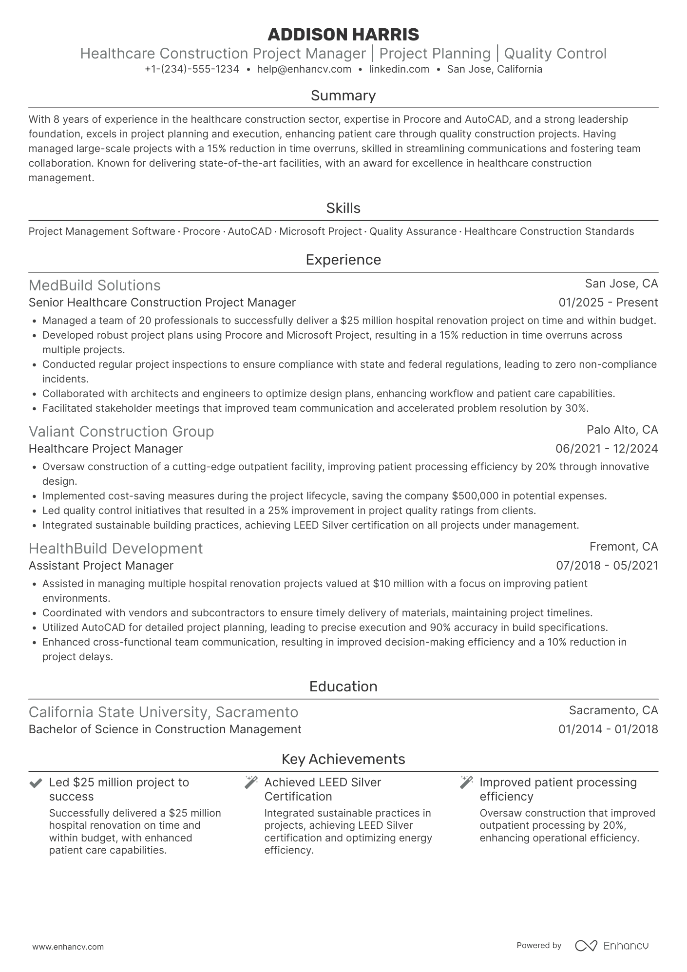 Healthcare Construction Project Manager Resume Example