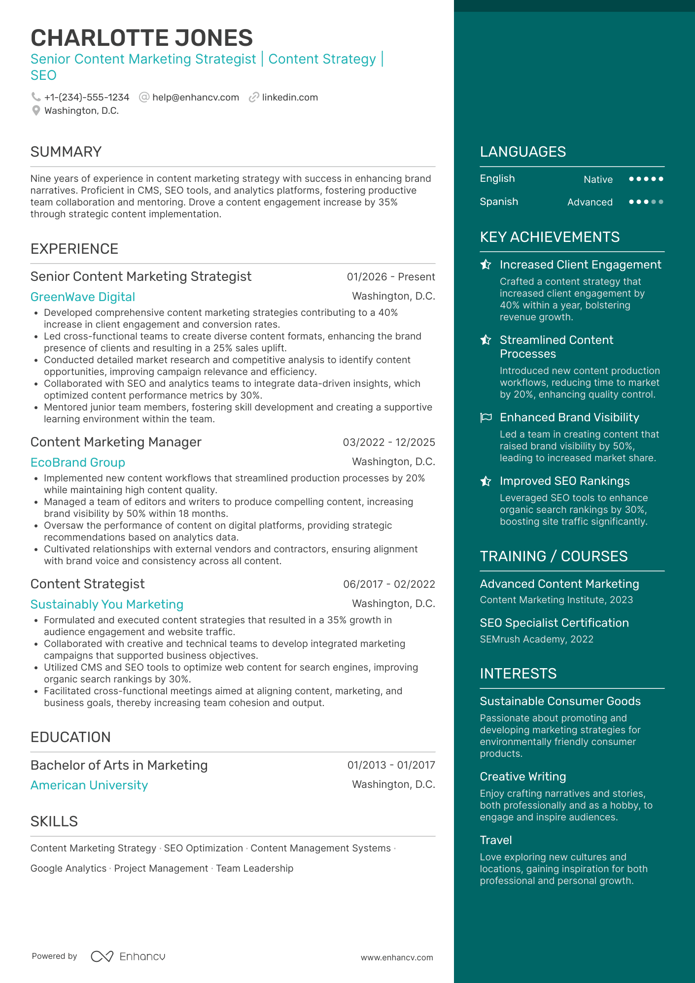 Senior Content Marketing Strategist Resume Example