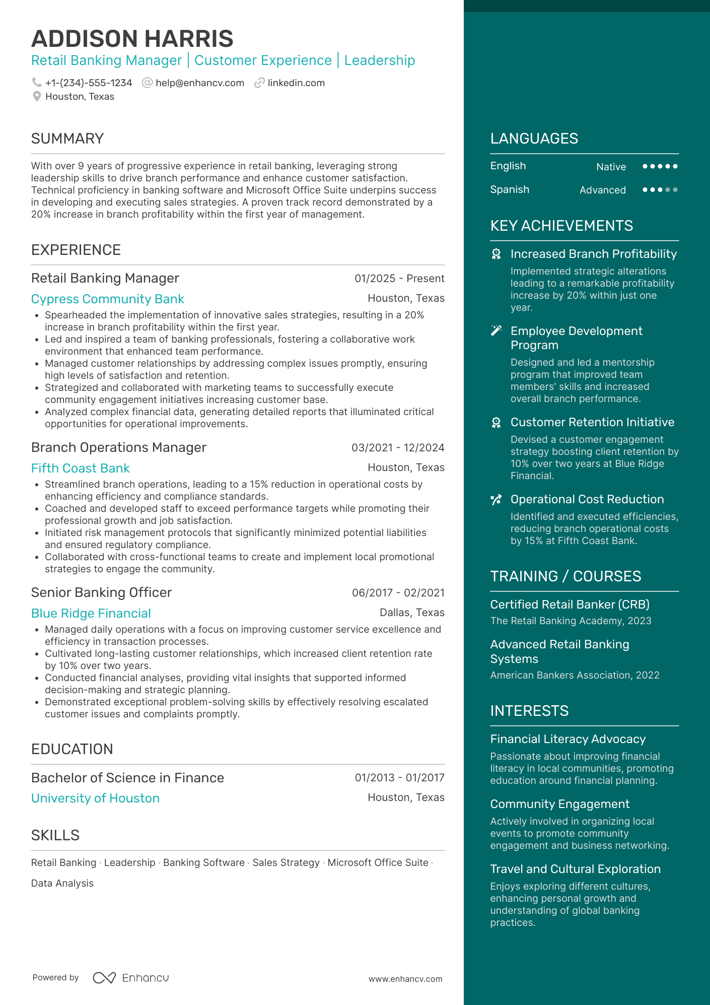 Retail Banking Manager Resume Example
