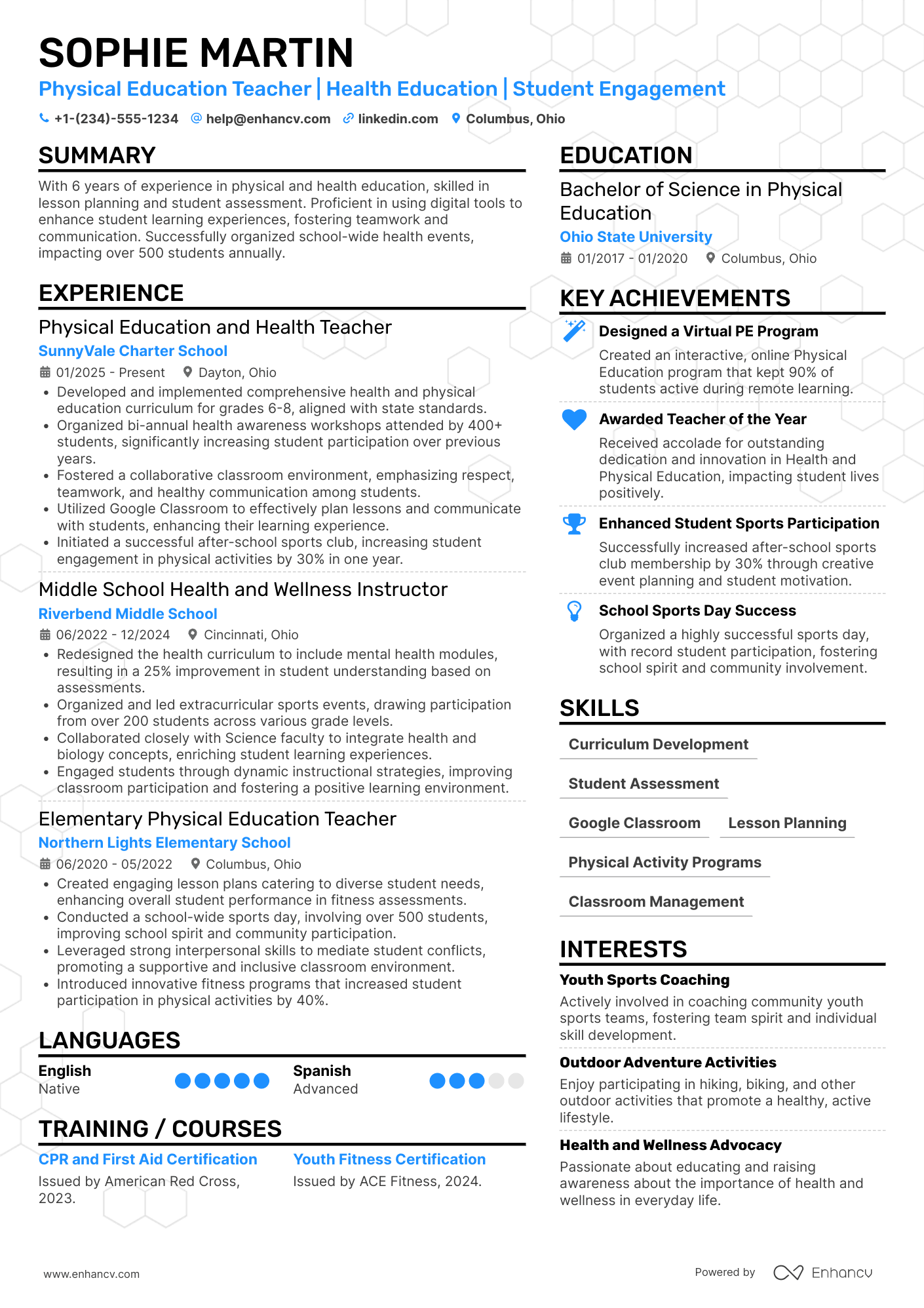 Physical Education and Health Teacher Resume Example