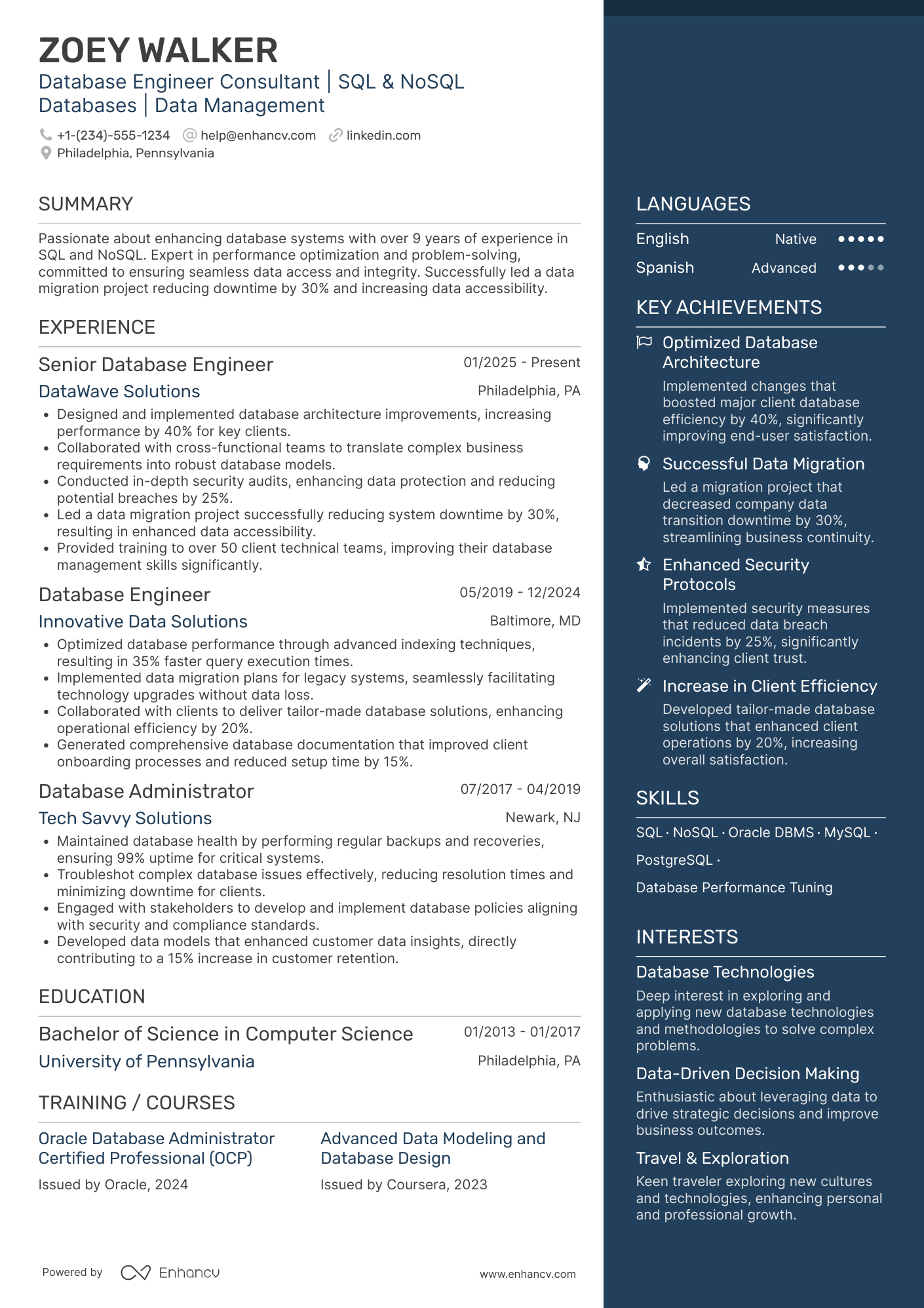 Database Engineer Consultant Resume Example