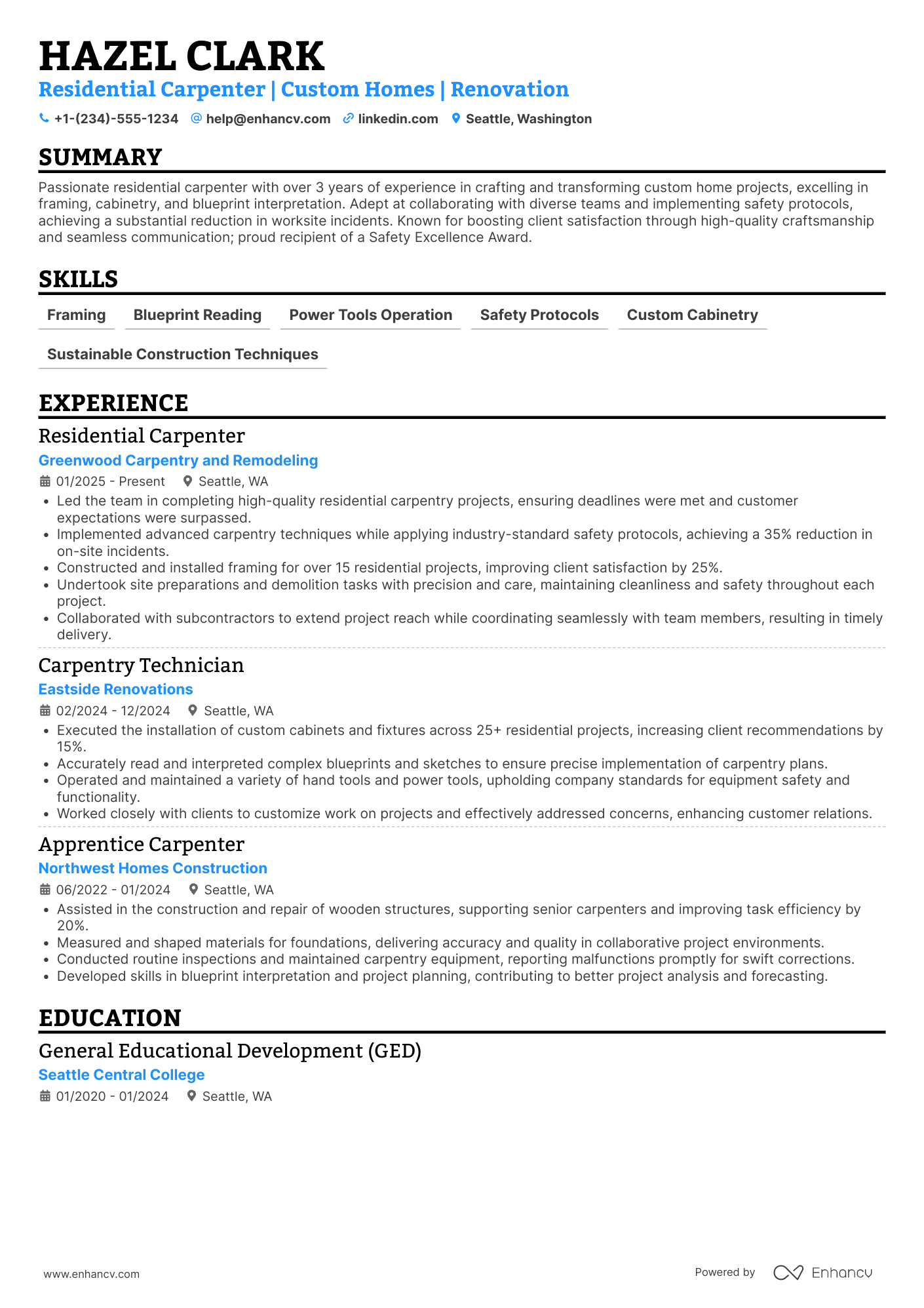 Residential Carpenter Resume Example