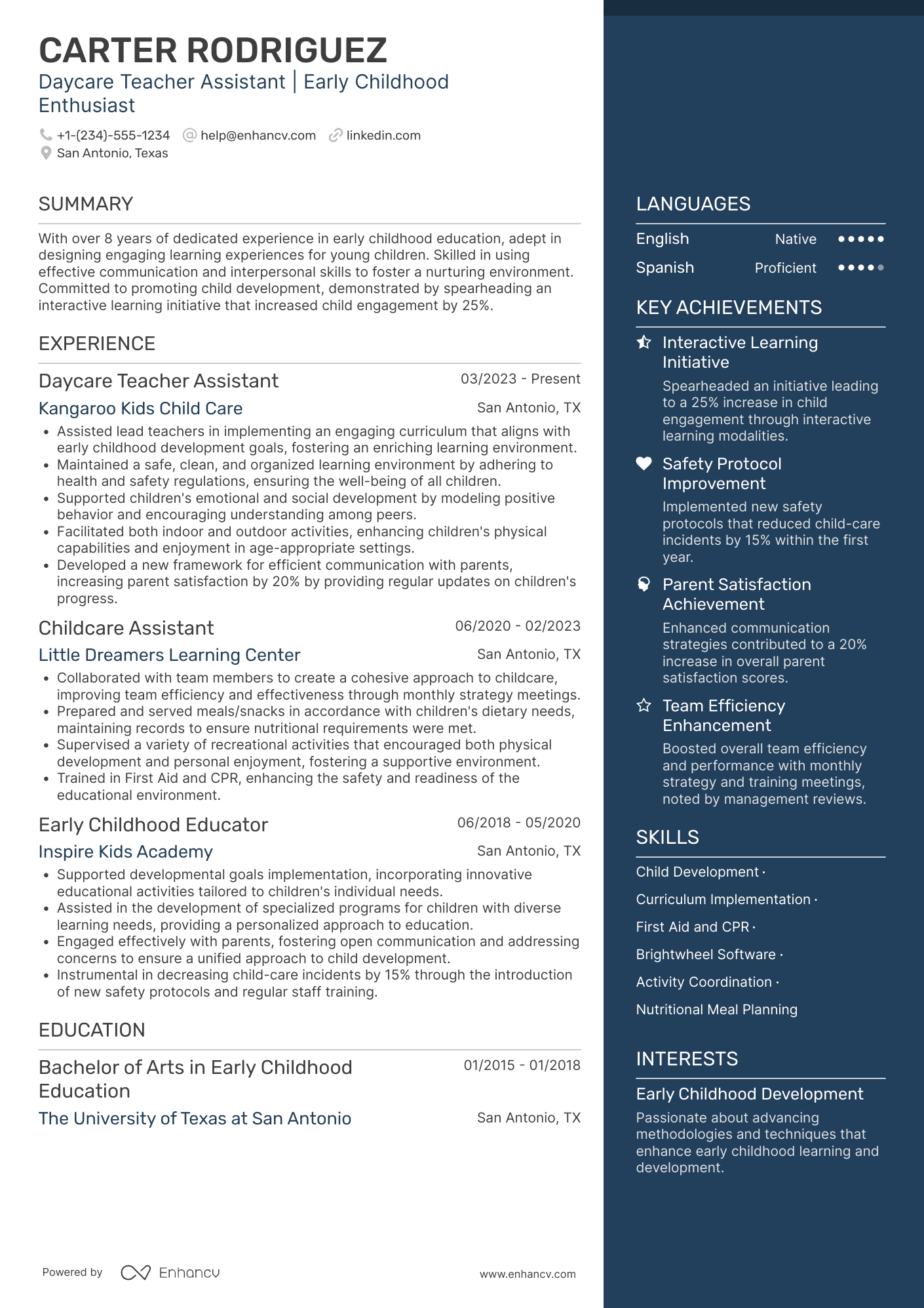 Daycare Teacher Assistant Resume Example