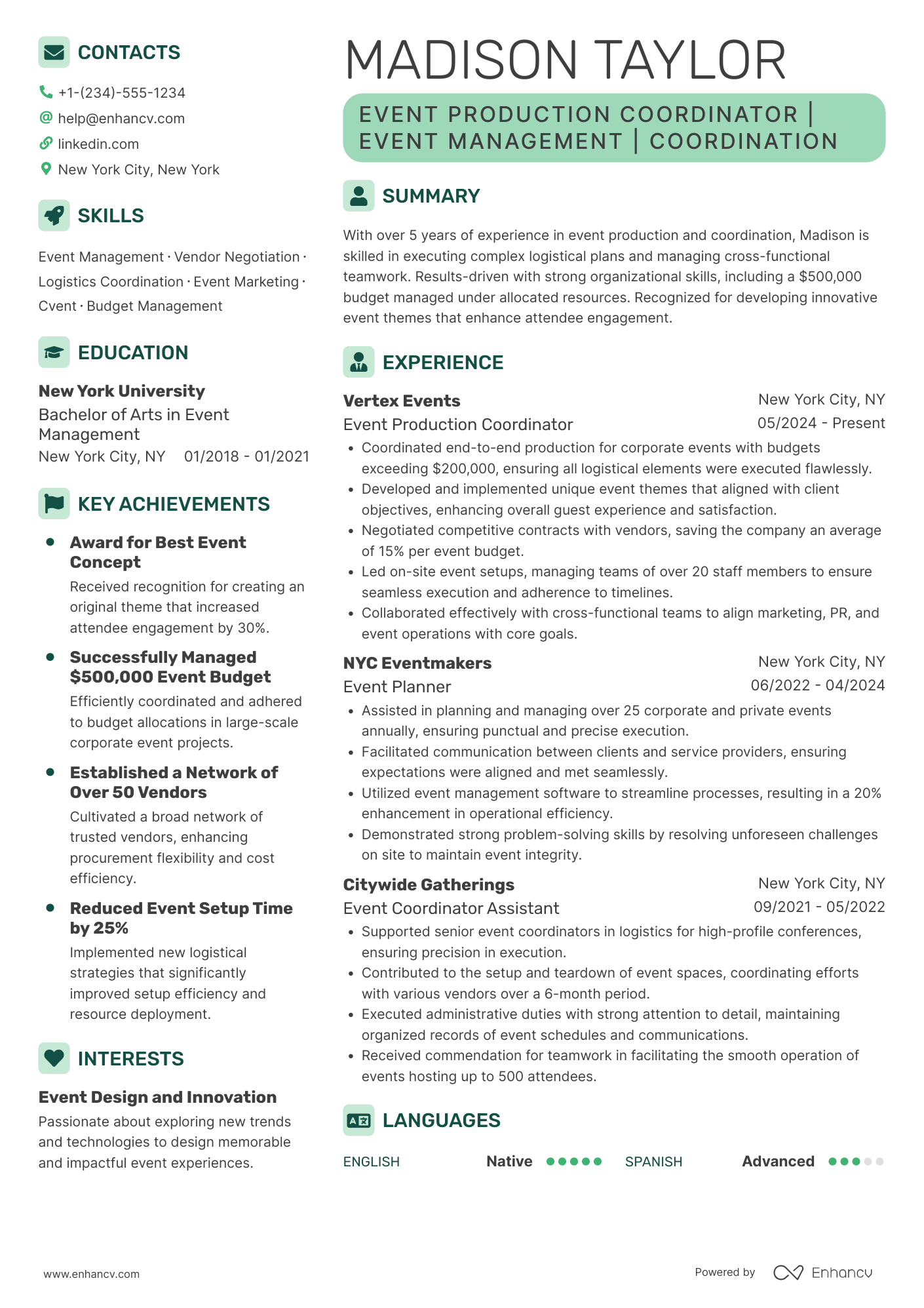 Event Production Coordinator Resume Example