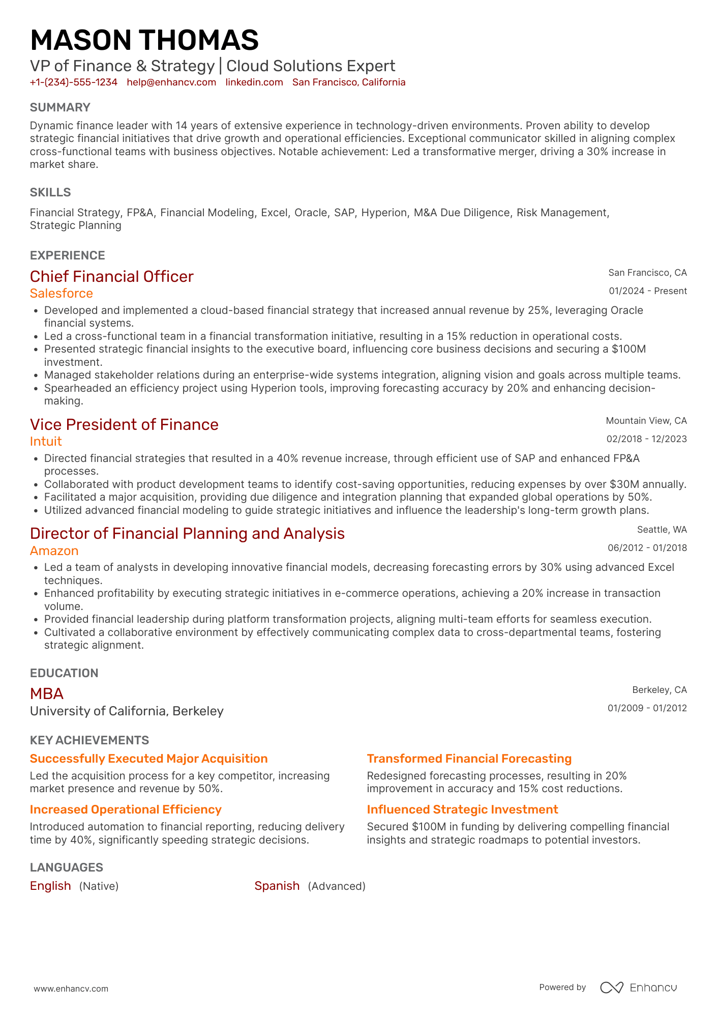 VP of Finance and Strategy Resume Example
