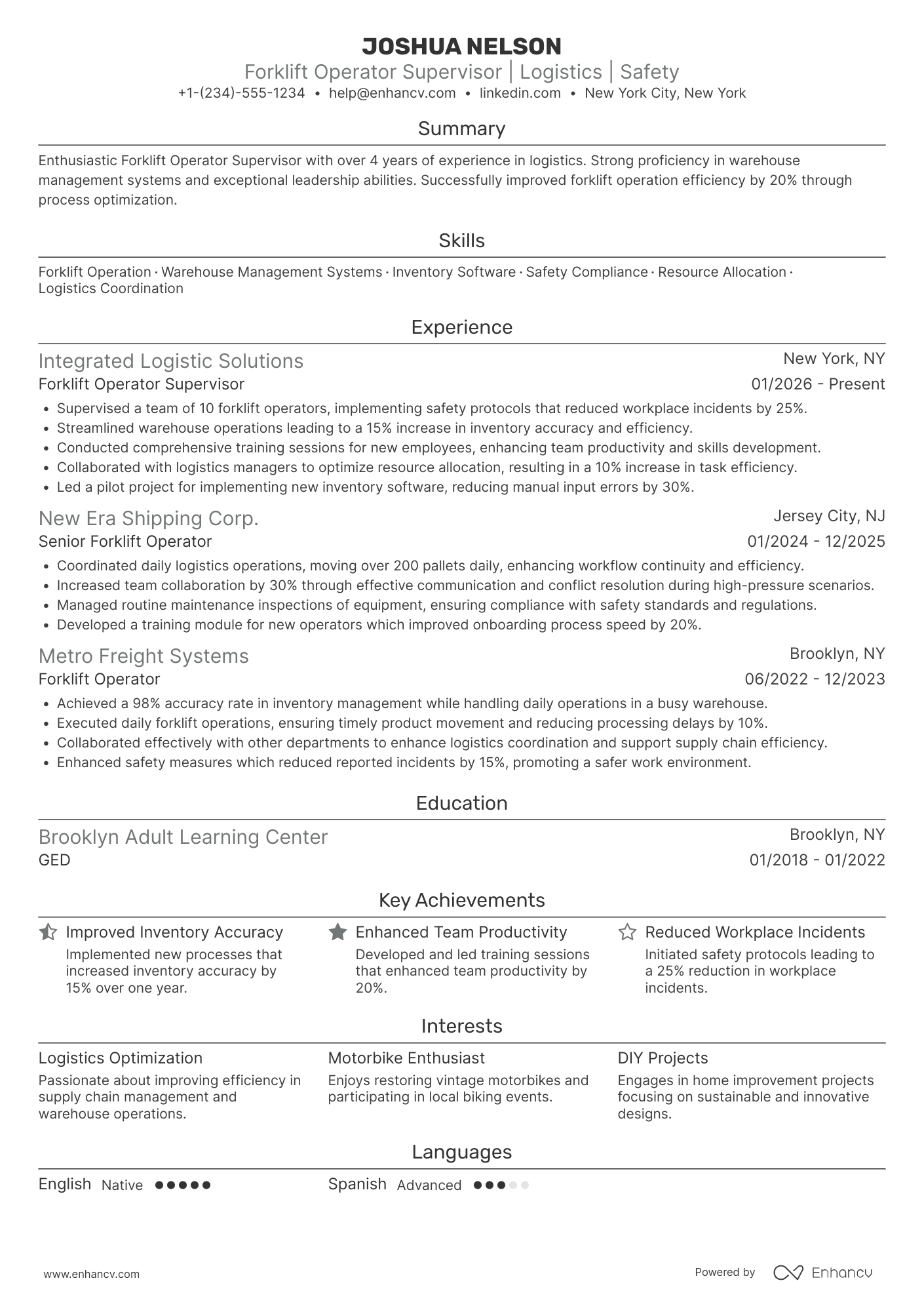 Forklift Operator Supervisor Resume Example