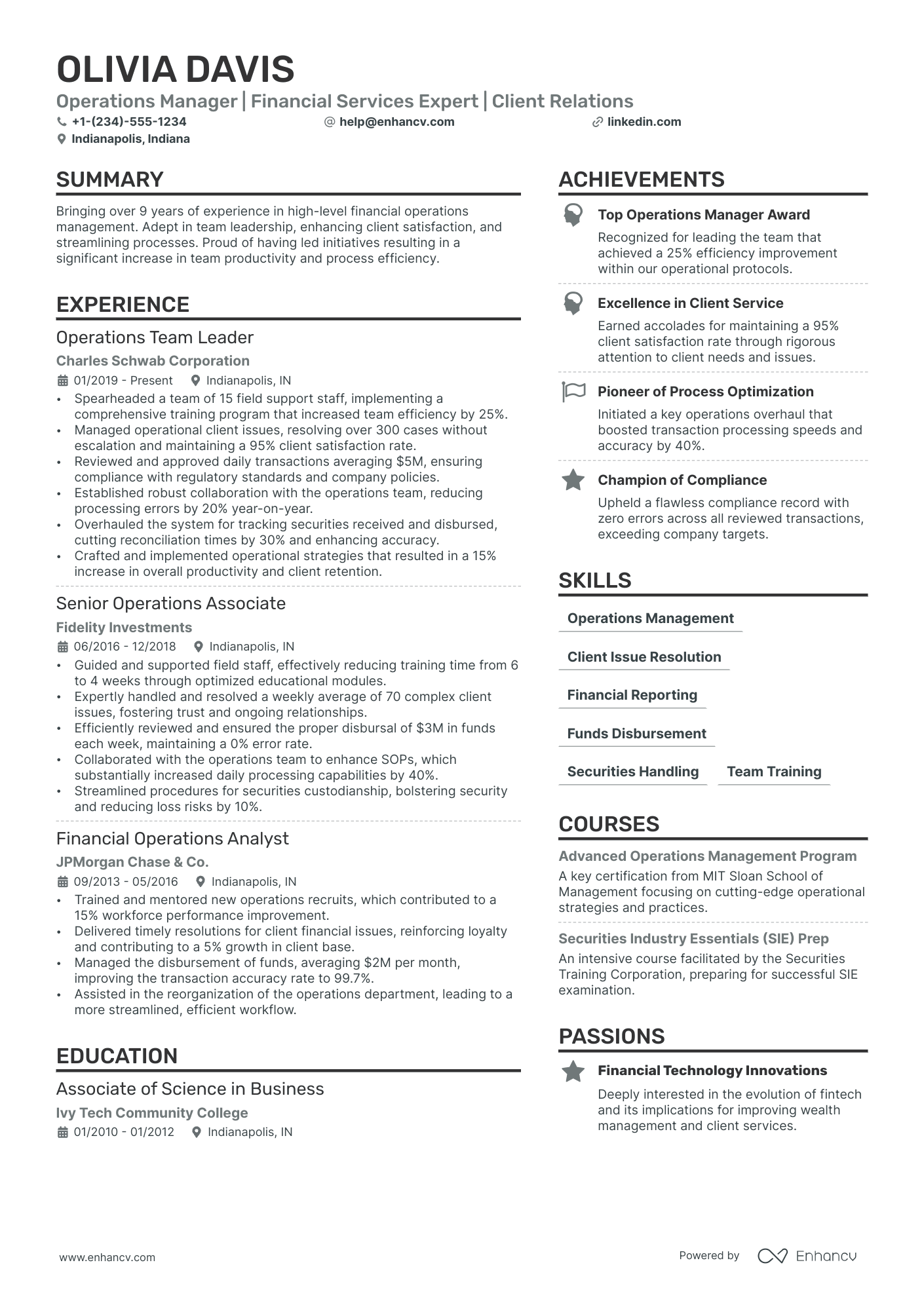 Assistant Operations Manager Resume Example