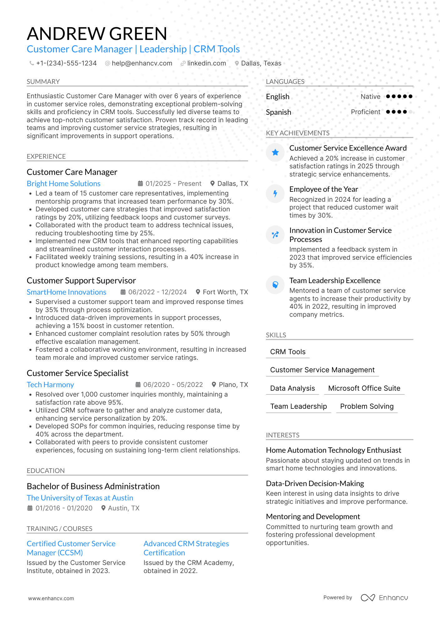 Customer Care Manager Resume Example
