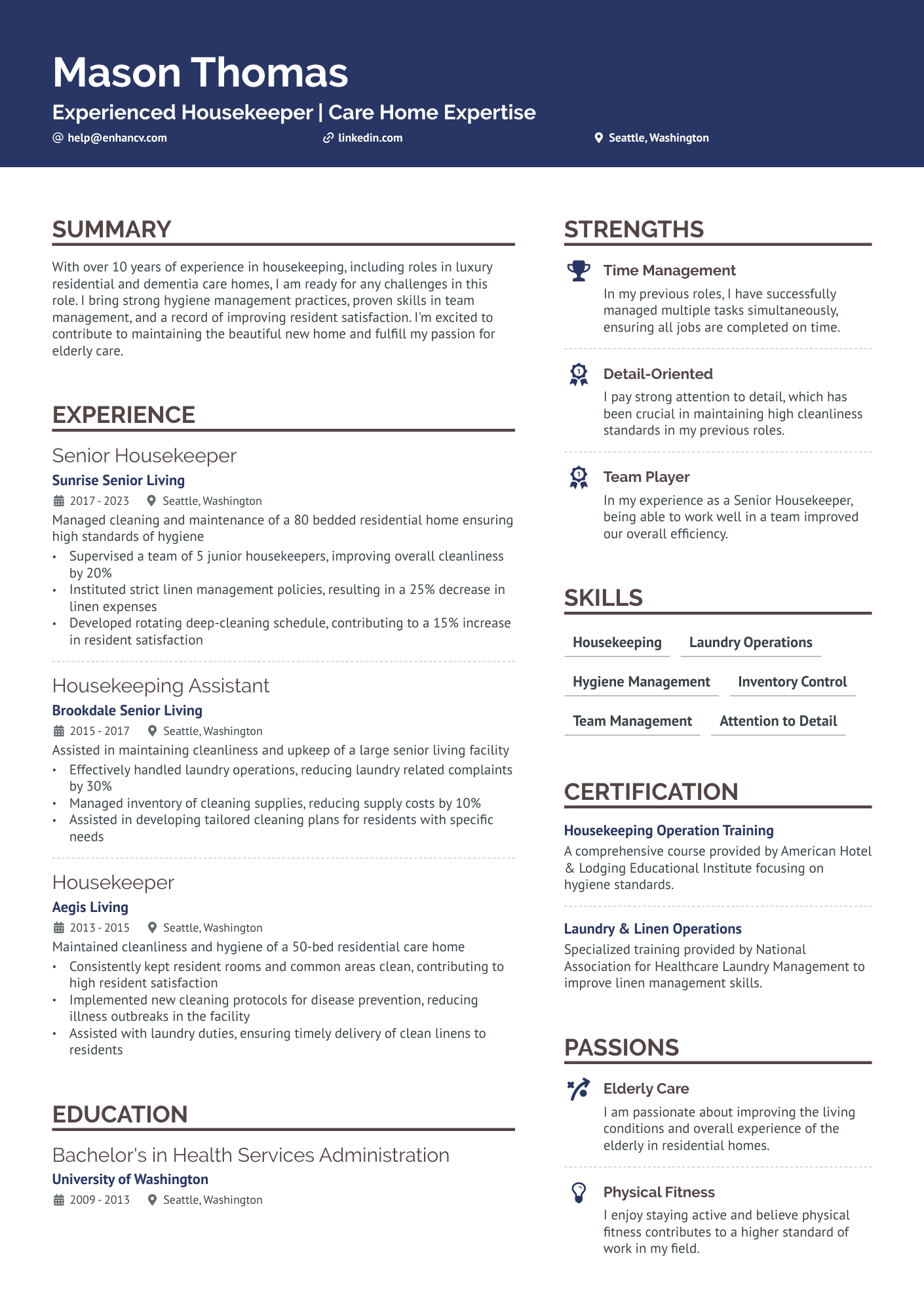 Residential Housekeeper Resume Example