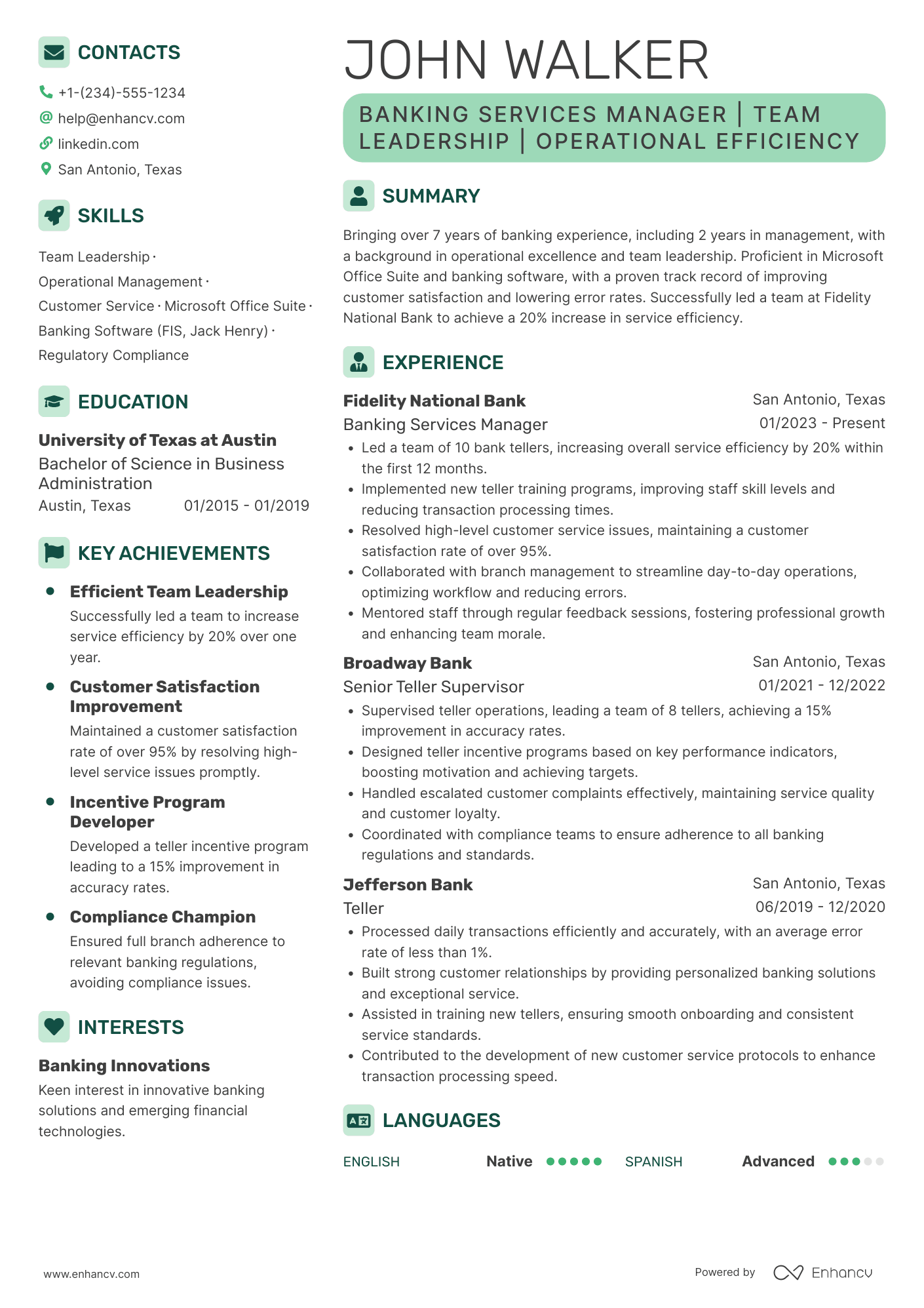 Bank Teller Service Manager Resume Example
