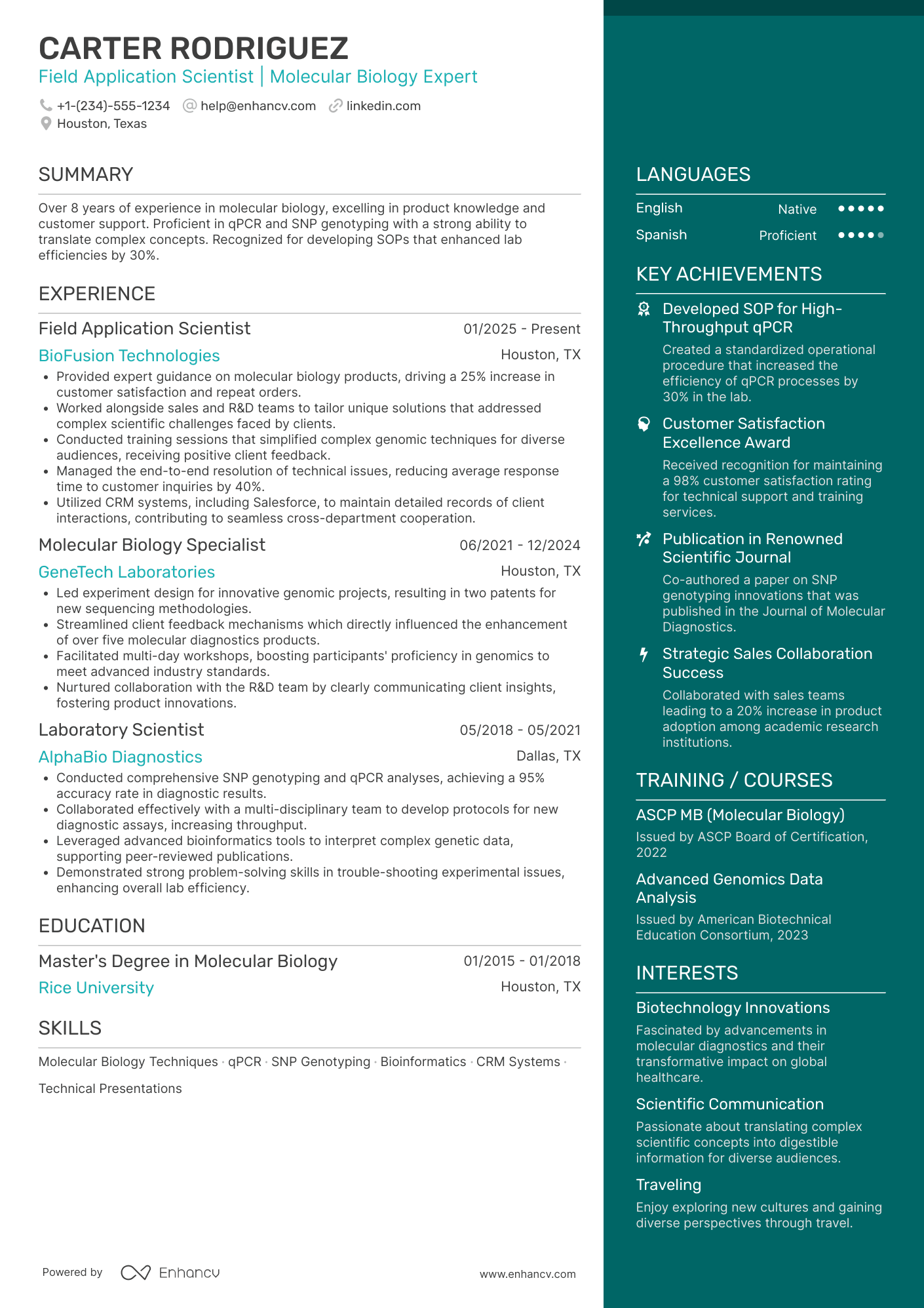 Field Application Scientist Resume Example