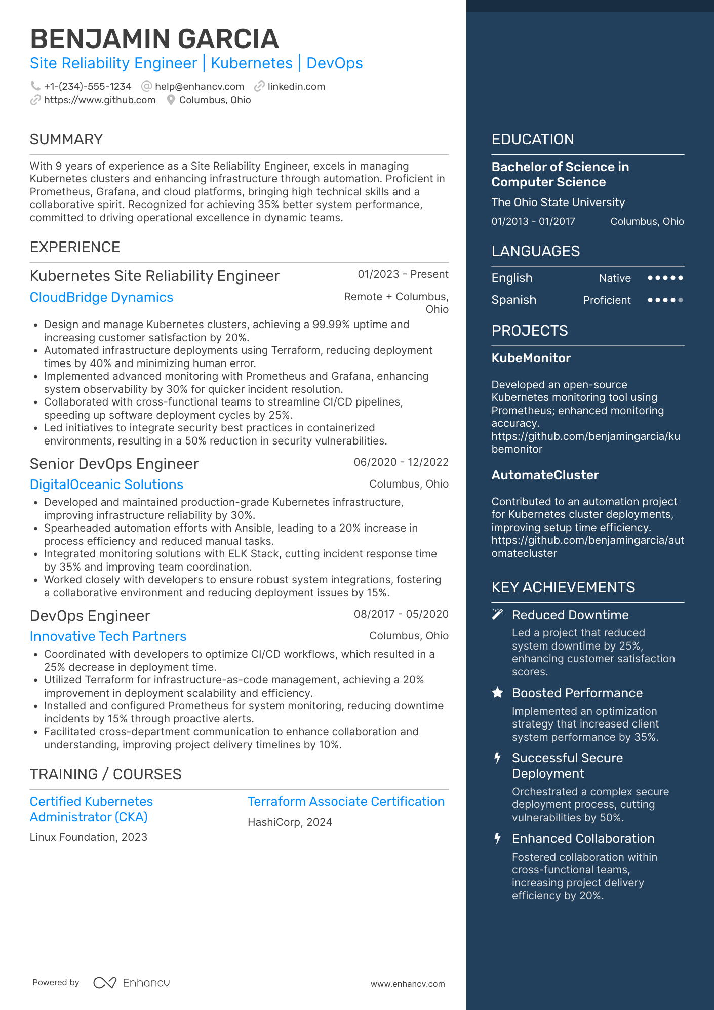 Kubernetes Site Reliability Engineer (SRE) Resume Example