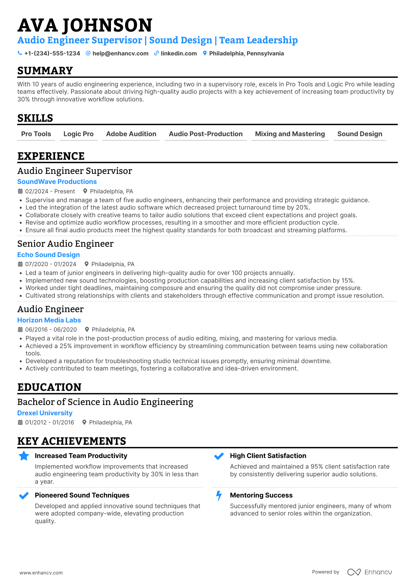 Audio Engineer Supervisor Resume Example