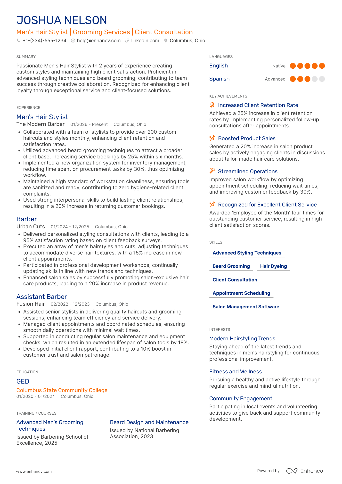 Men's Hair Stylist Resume Example