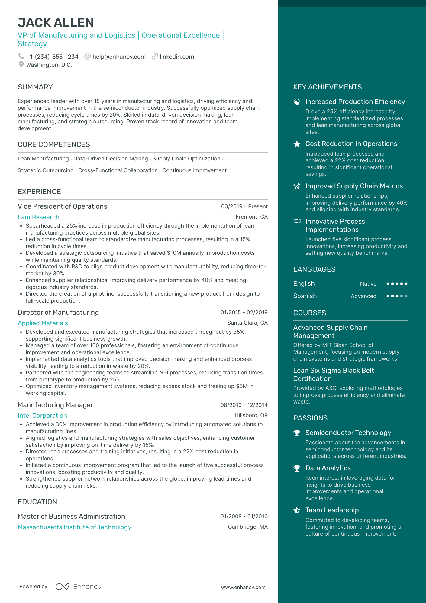 Chief Logistics Officer in Manufacturing Resume Example