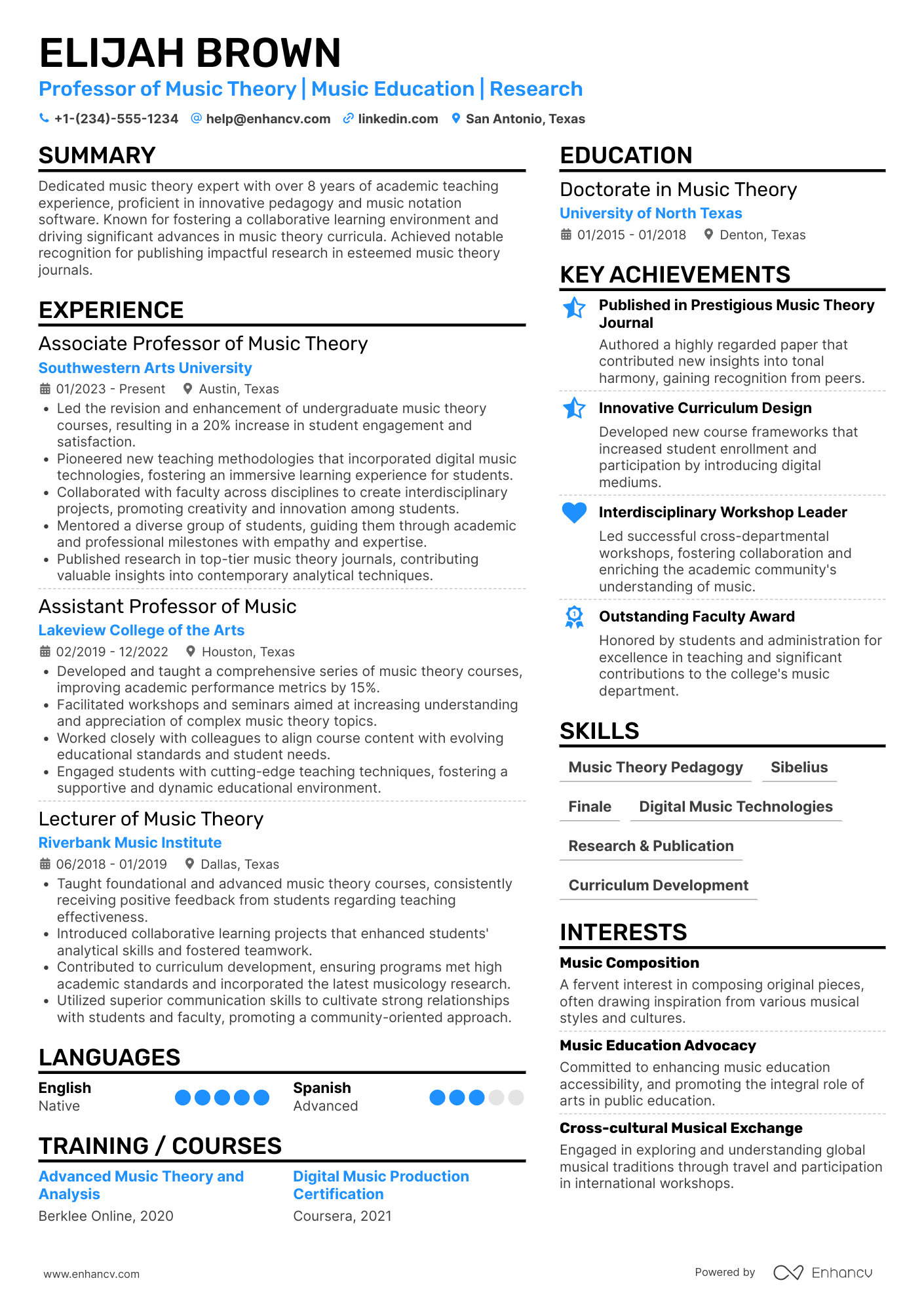 Professor of Music Theory Resume Example