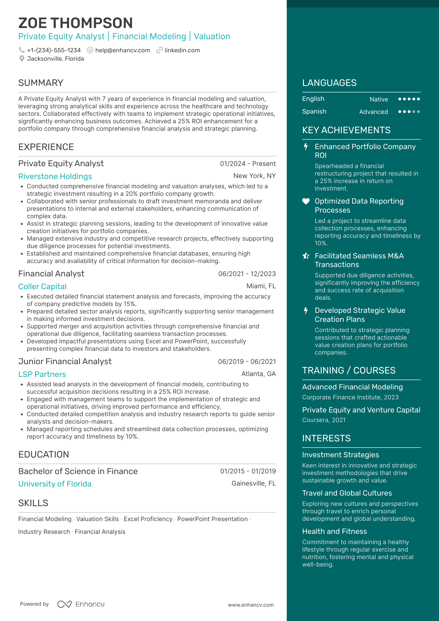 Private Equity Analyst Resume Example