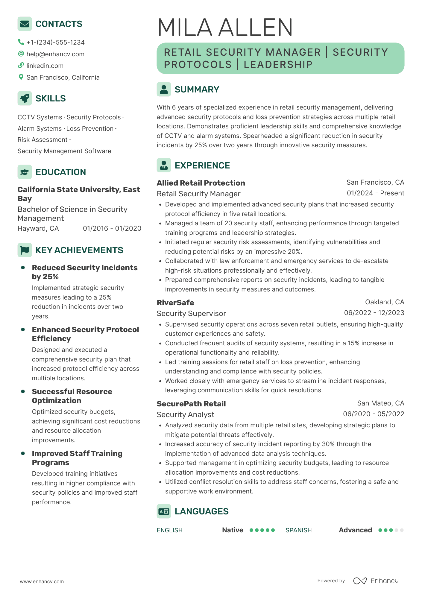 Retail Security Manager Resume Example