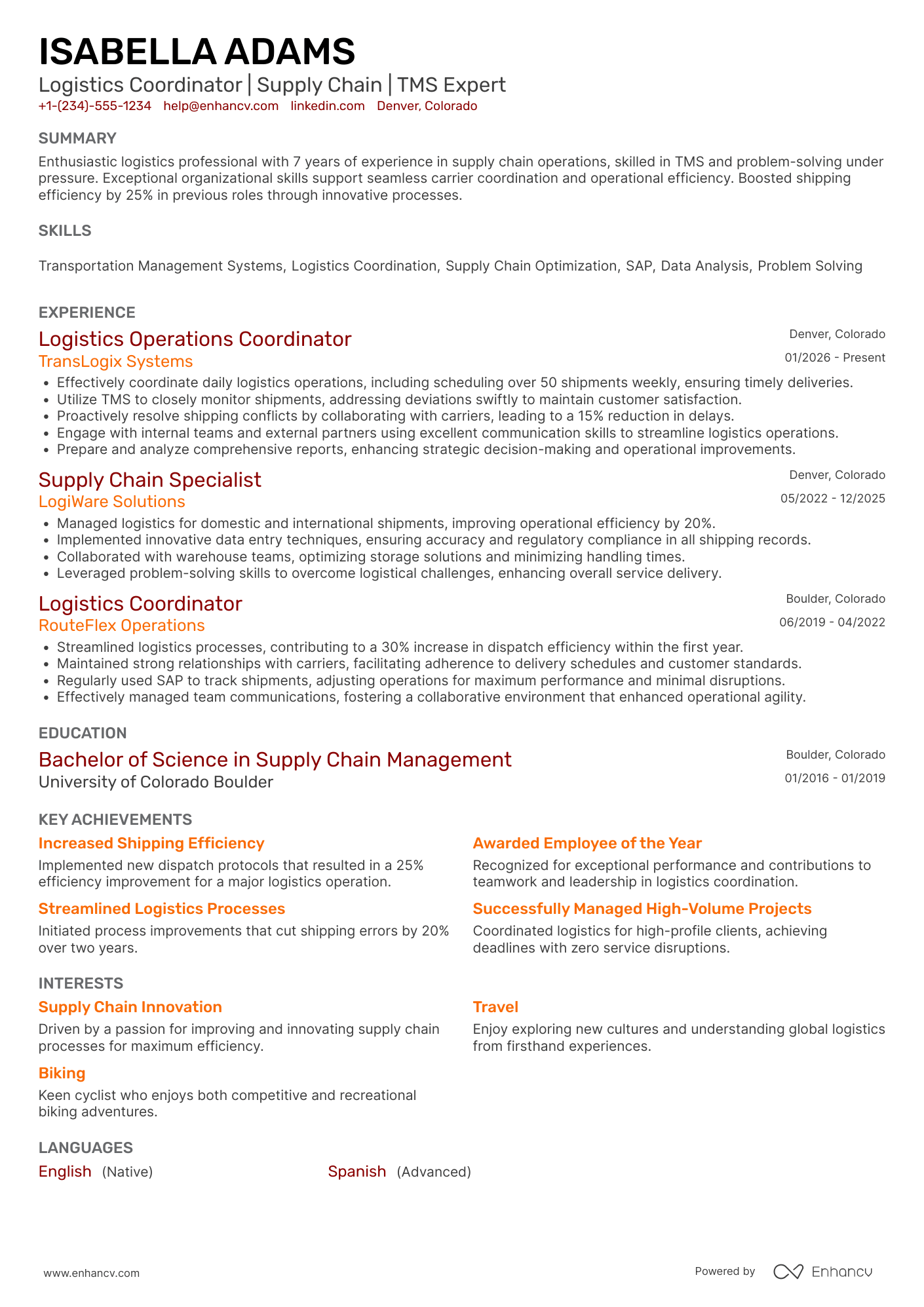 Logistics Operations Coordinator Resume Example