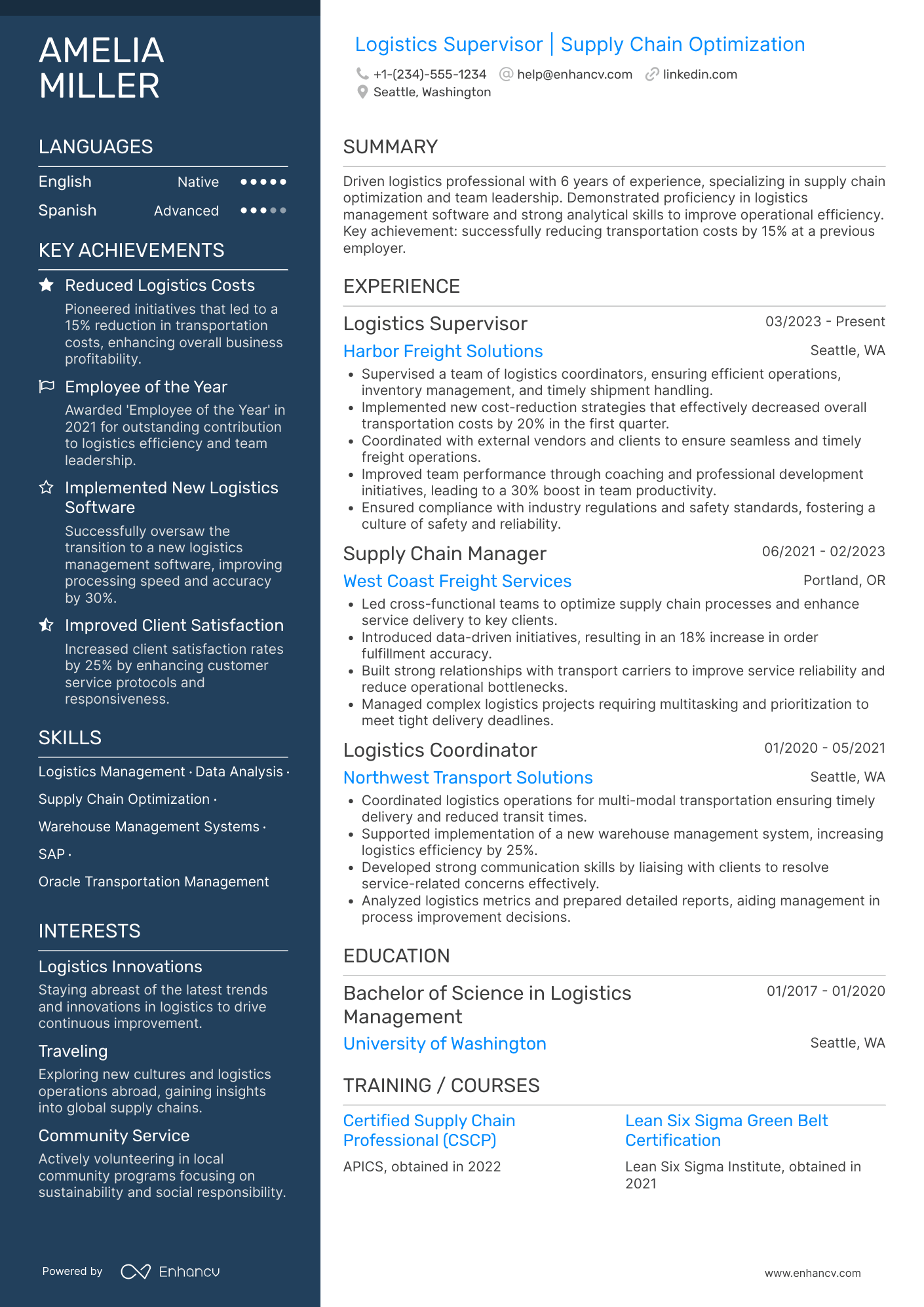 Logistics Supervisor Resume Example