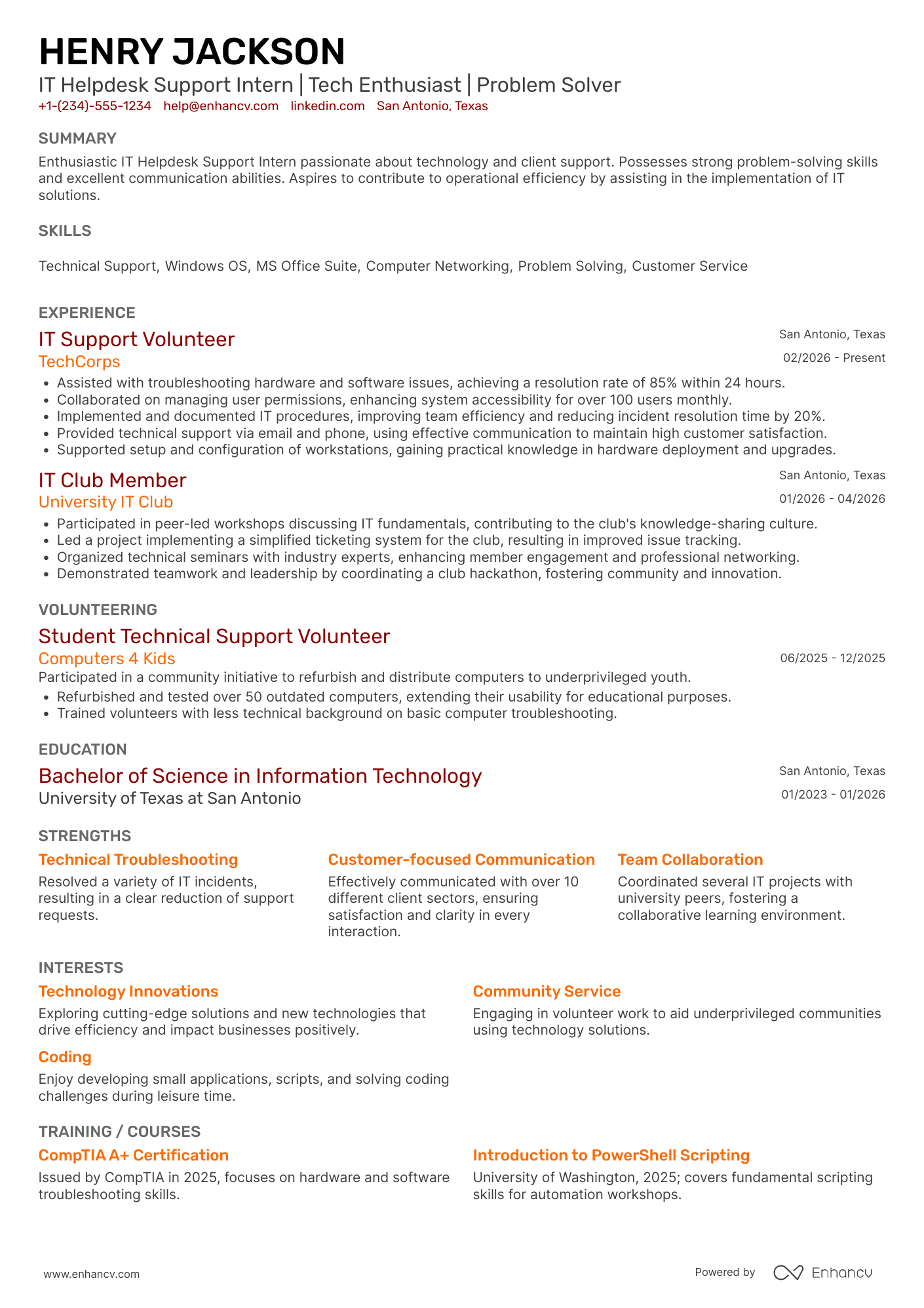 IT Helpdesk Support Intern Resume Example