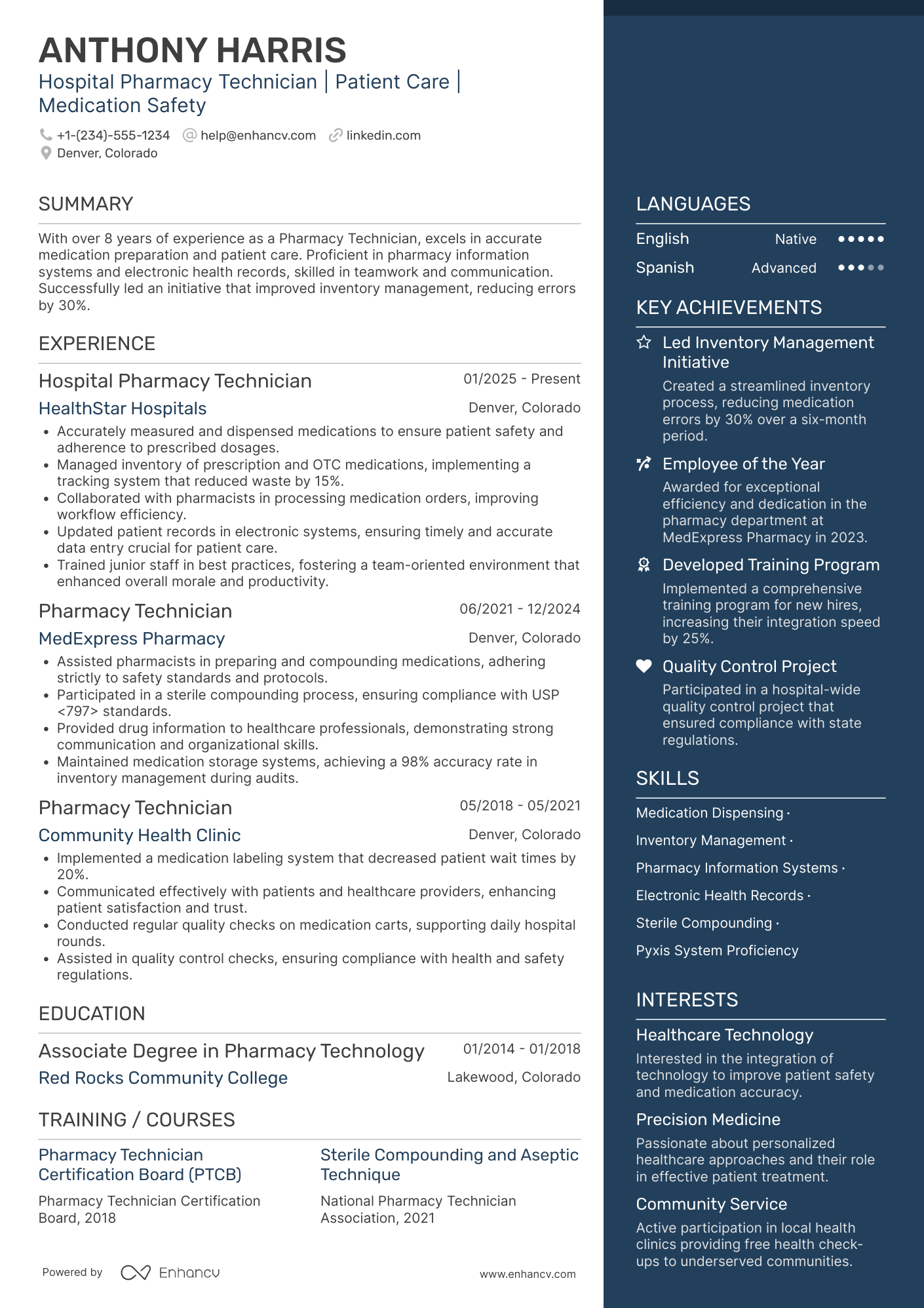 Hospital Pharmacy Technician Resume Example