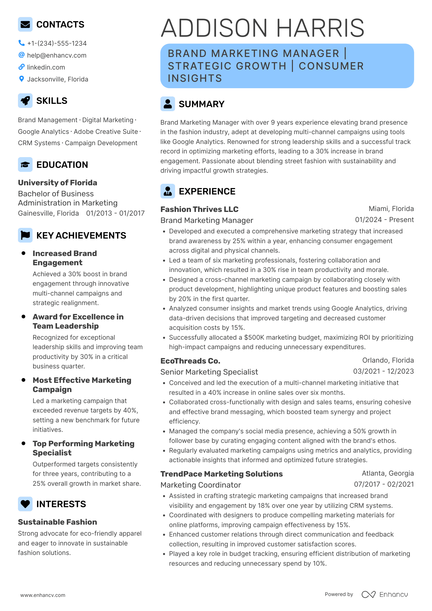 Brand Marketing Manager Resume Example