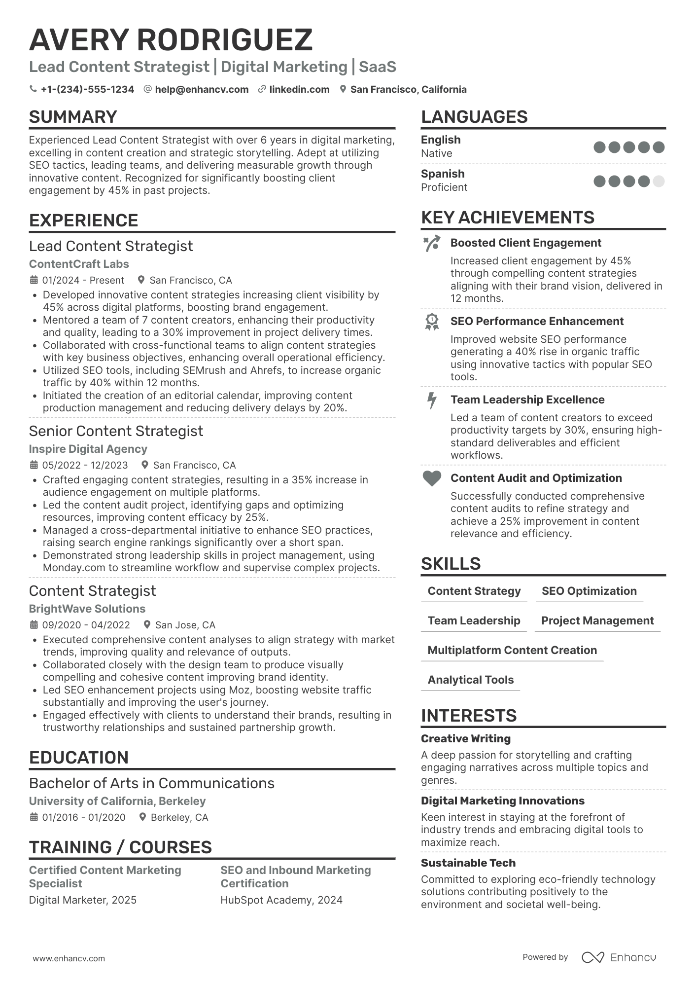 Lead Content Strategist Resume Example