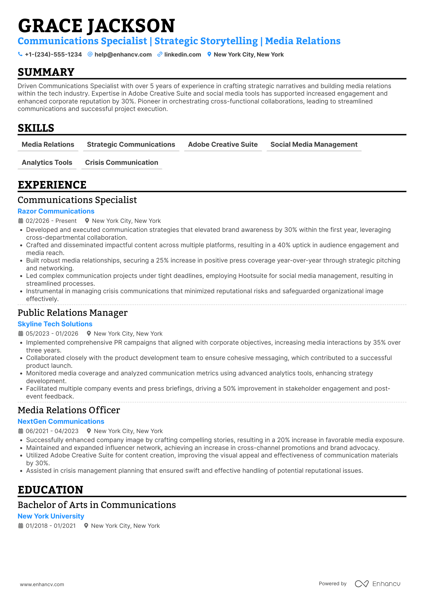 Communications Officer Resume Example