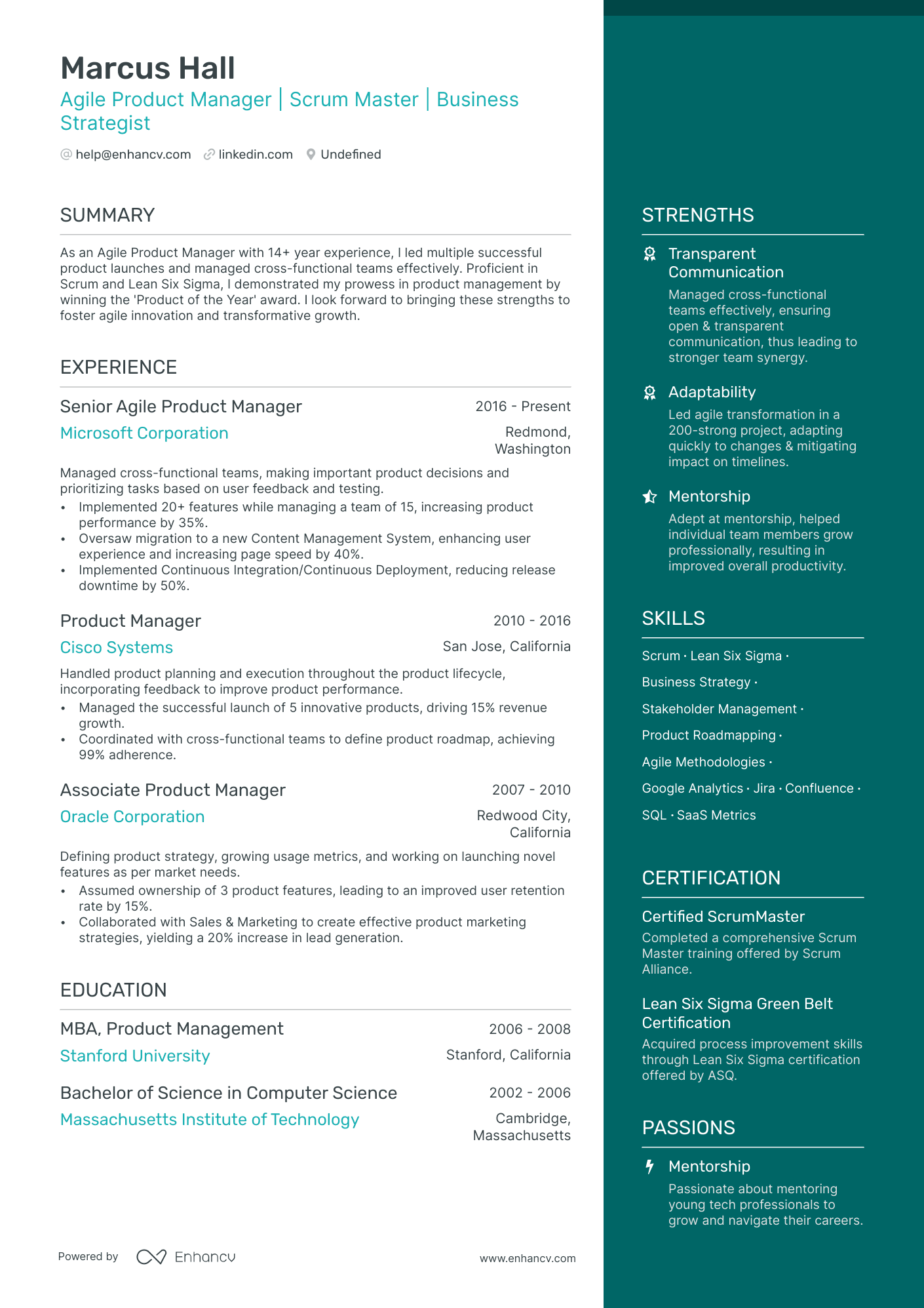 Agile Product Manager Resume Example