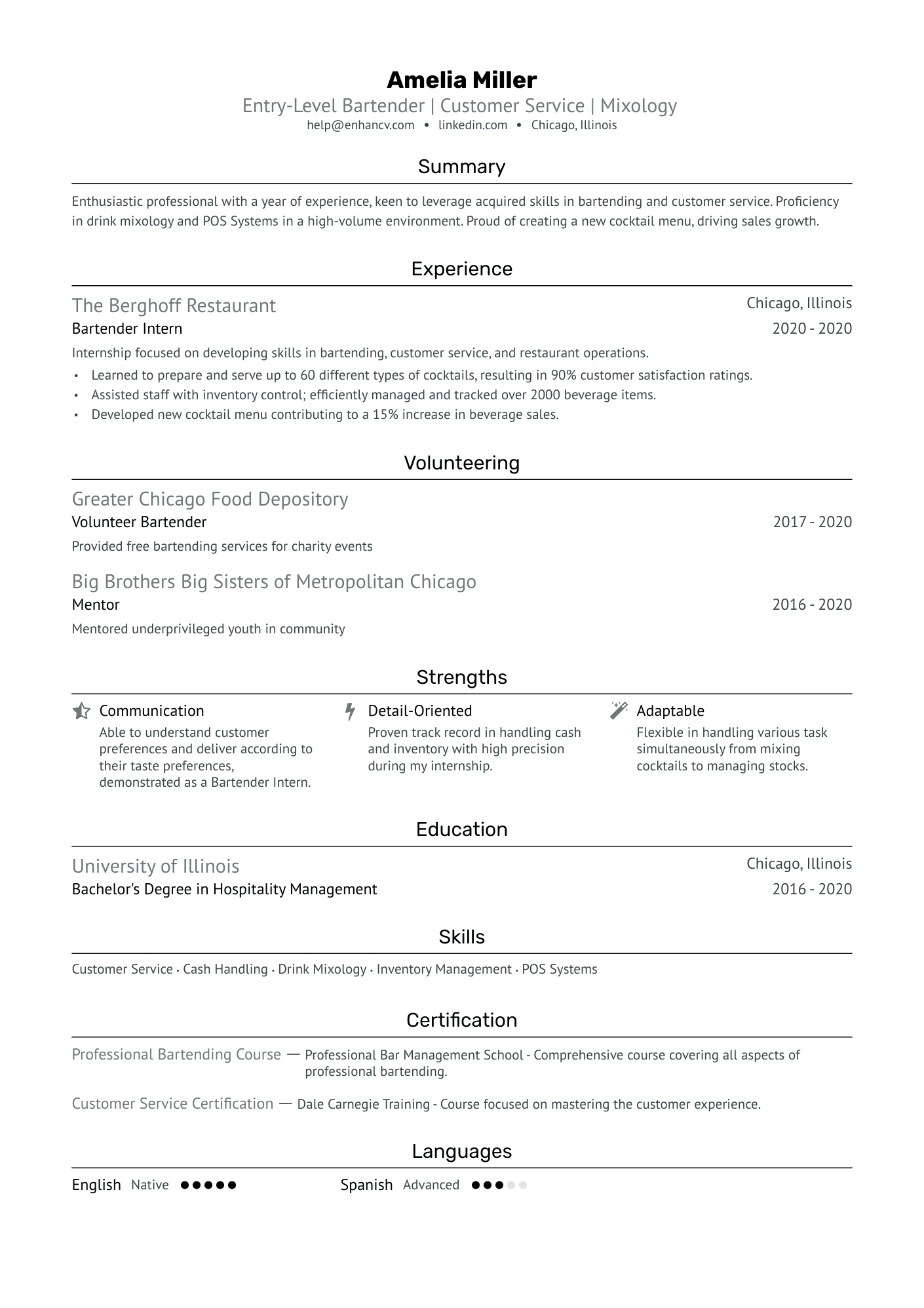 Entry Level Bartender Resume Example
