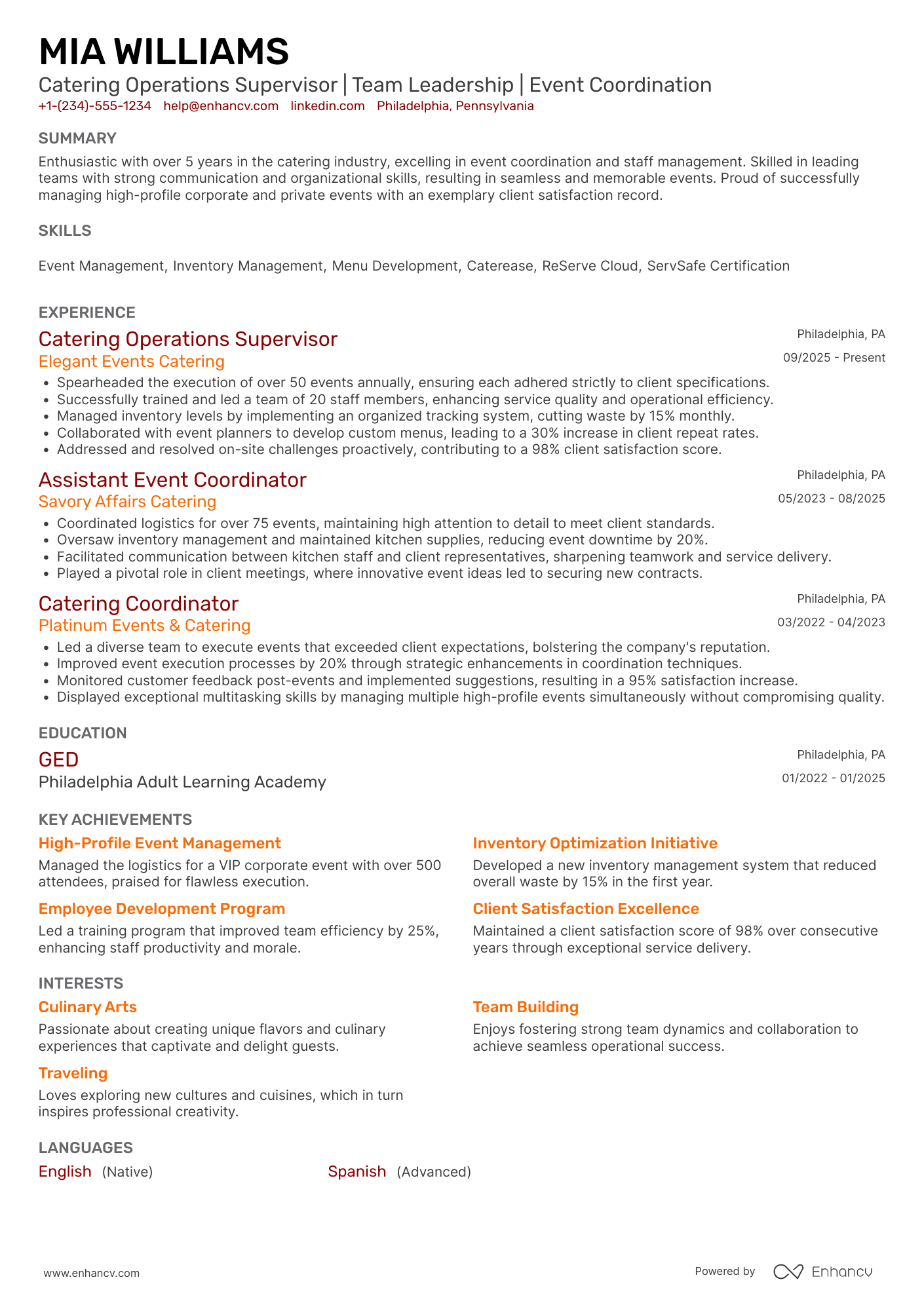 Catering Operations Supervisor Resume Example